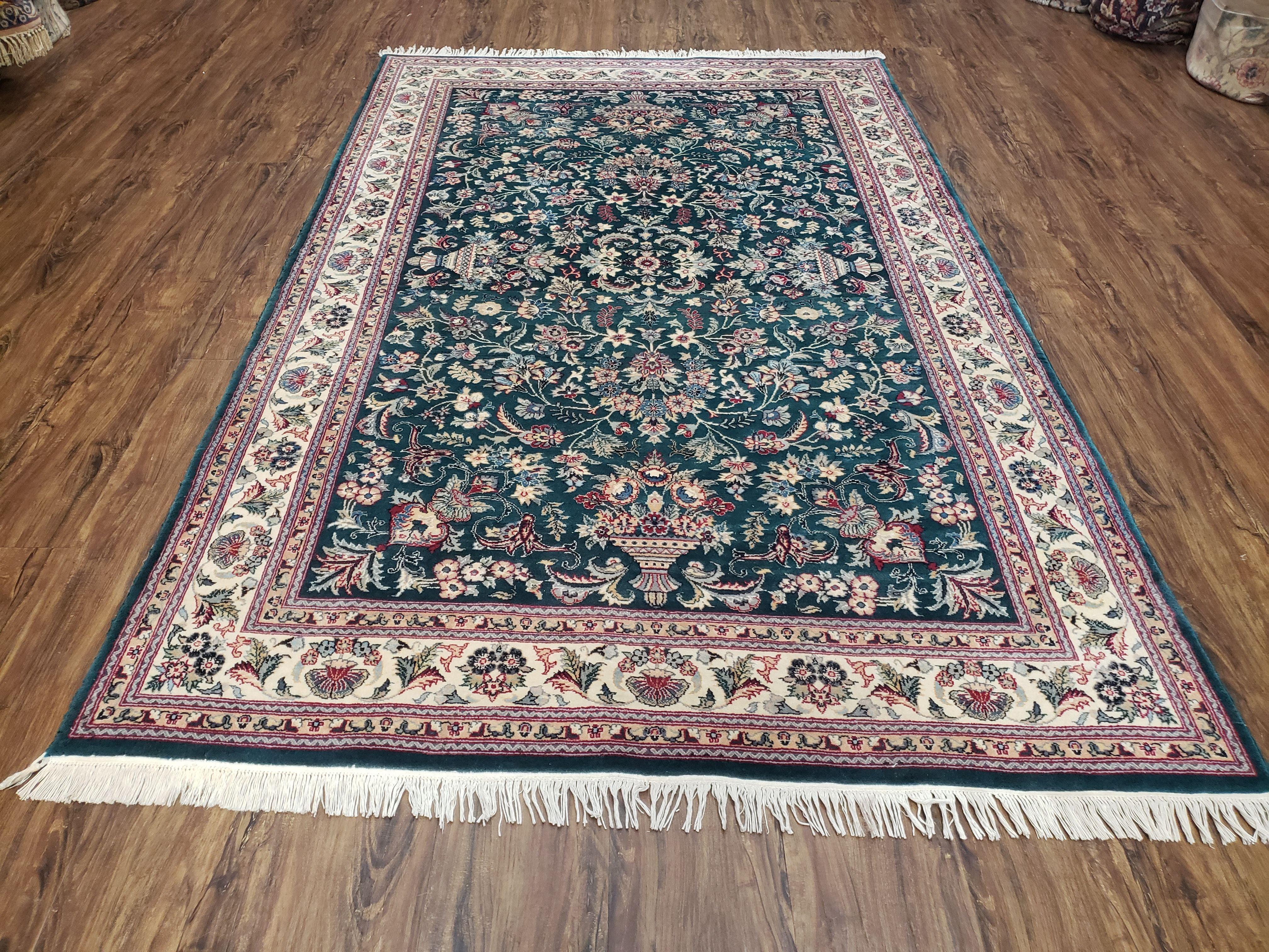 Dark Green Pak Persian Area Rug, Vintage Traditional Pakistani Oriental Carpet, Vases Flowers, Dark Pine Green & Beige, 4'7" x 7'4", 5x7 Rug - Jewel Rugs