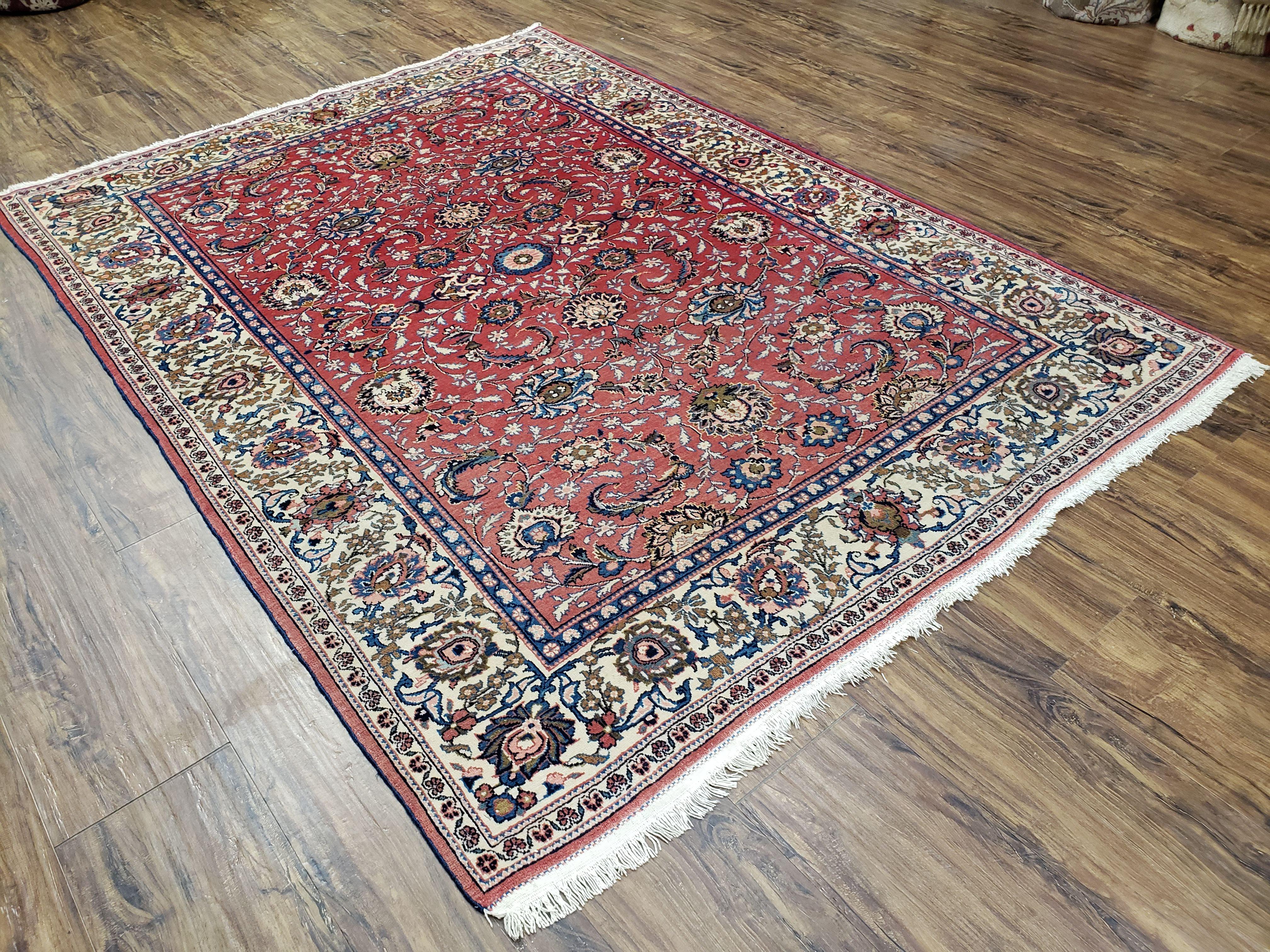 Semi Antique Persian Kashan, Red & Cream, Hand-Knotted, Wool, 4' 8" x 6' 6", Pair A - Jewel Rugs