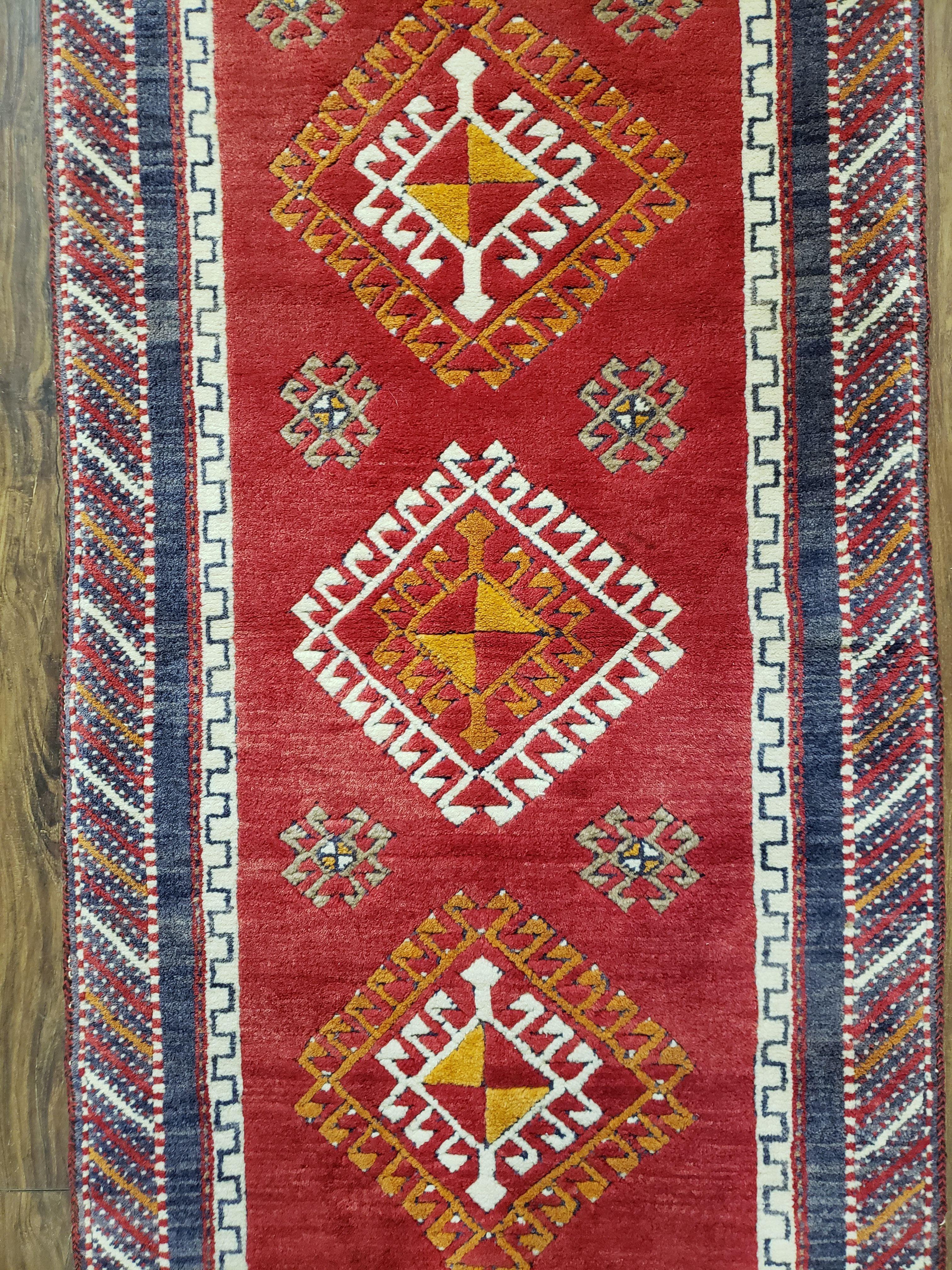 Vintage Turkish Kazak Rug 2.5 x 5 Red Wool Carpet Medallions Runner Geometric - Jewel Rugs