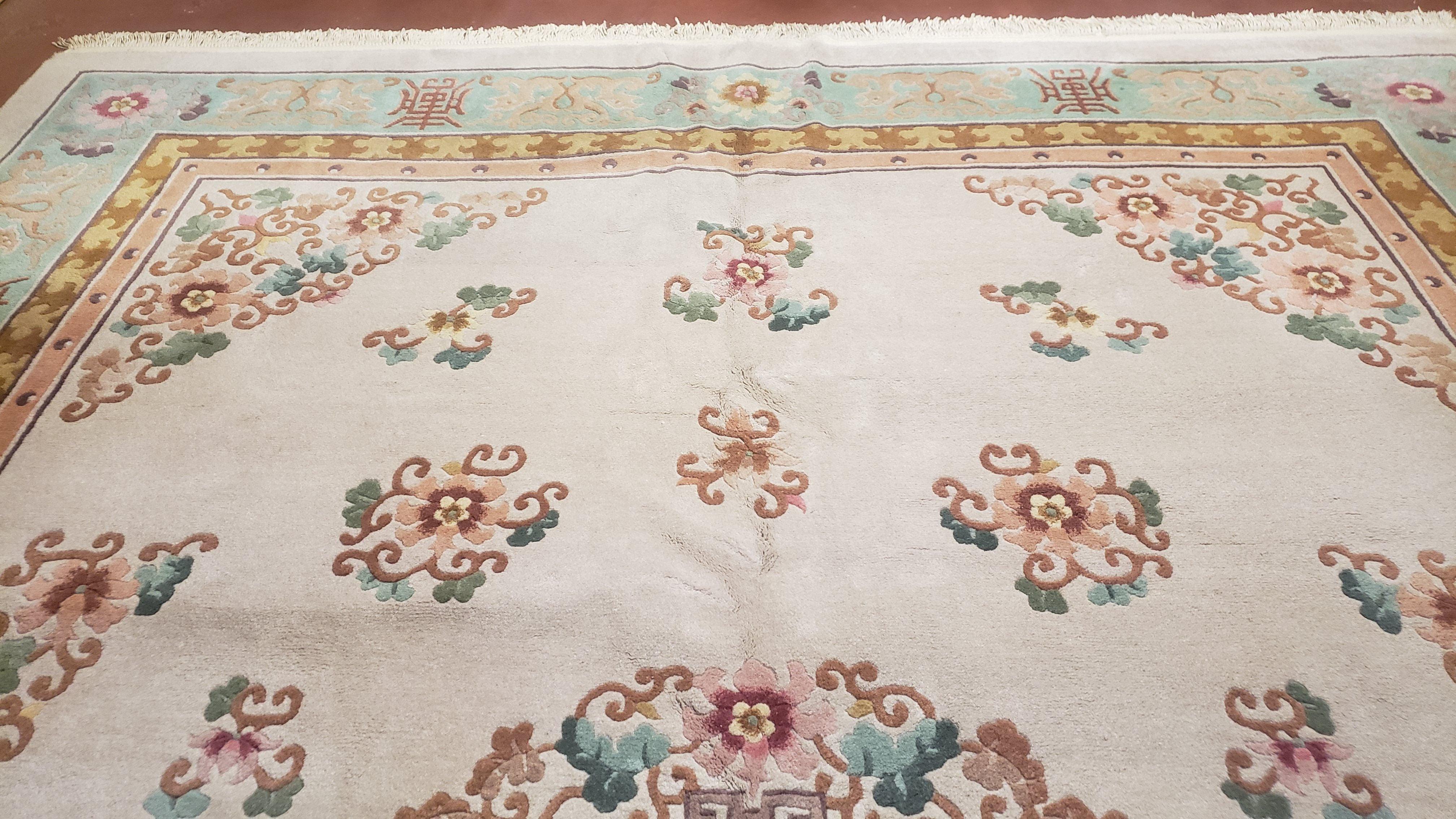 Vintage Chinese Art Deco Rug 9x12, Beige Art Deco Carpet 9 x 12, Handmade Hand Knotted Soft Plush Wool Area Rug 9 by 12 - Jewel Rugs