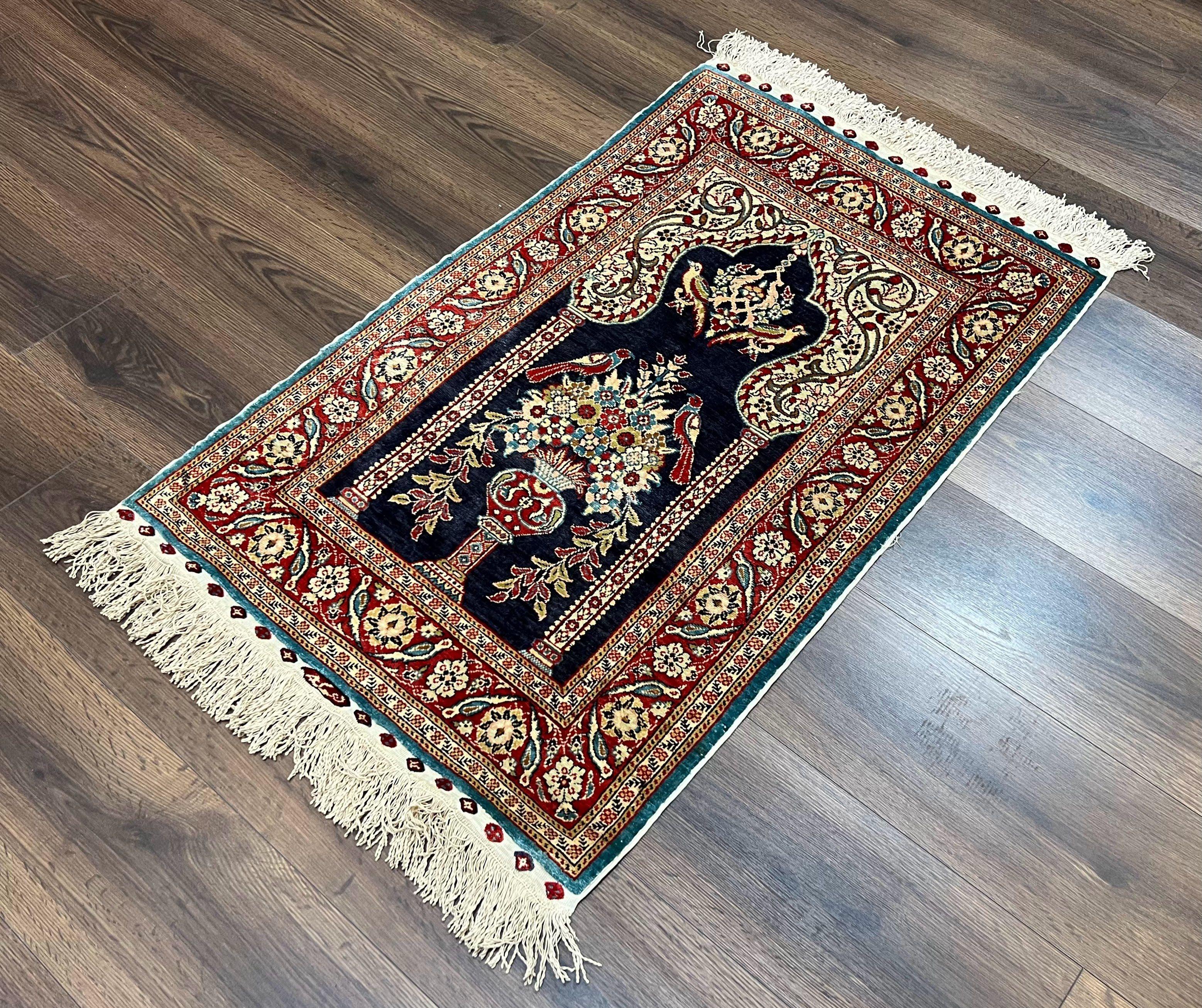 Silk Turkish Hereke Prayer Rug 2.3 x 3.7, Hand Knotted Fine Hereke Carpet, Signature from Master Weave, Flowers Vase Birds Prayer Arch, Nice - Jewel Rugs