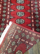 Vintage Bokhara Runner Rug 2.6 x 14, Wool Hand-Knotted Red & Ivory Pakistani Turkoman Yamud Hallway Carpet, Long Skinny Oriental Runner 14ft - Jewel Rugs