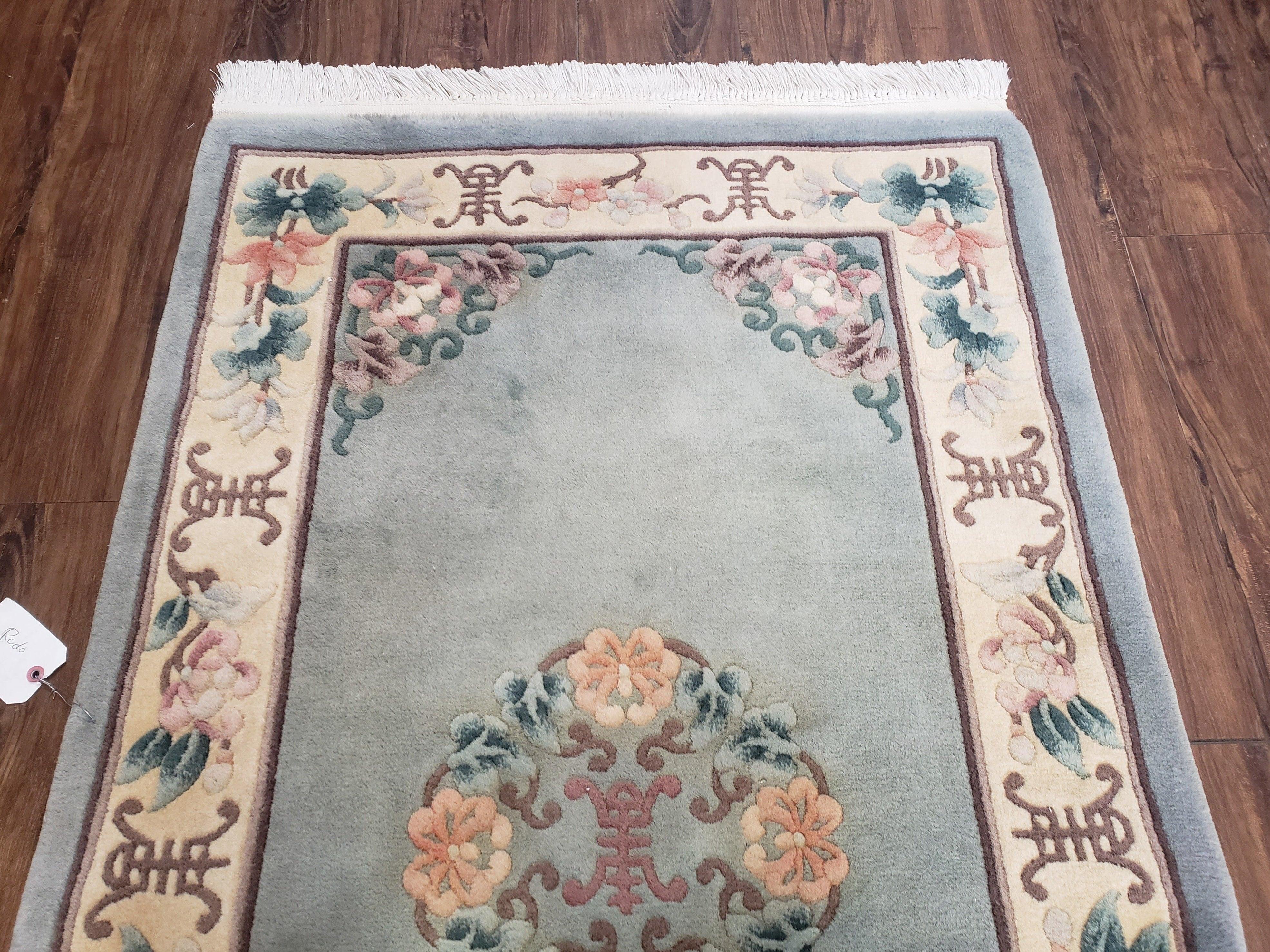 Small Chinese Carving 90 Line Rug 3x5, Gray/Silver and Cream, Classical Asian Design, Vintage Art Deco Rug, 1960s, Wool Soft Plush, Handmade - Jewel Rugs