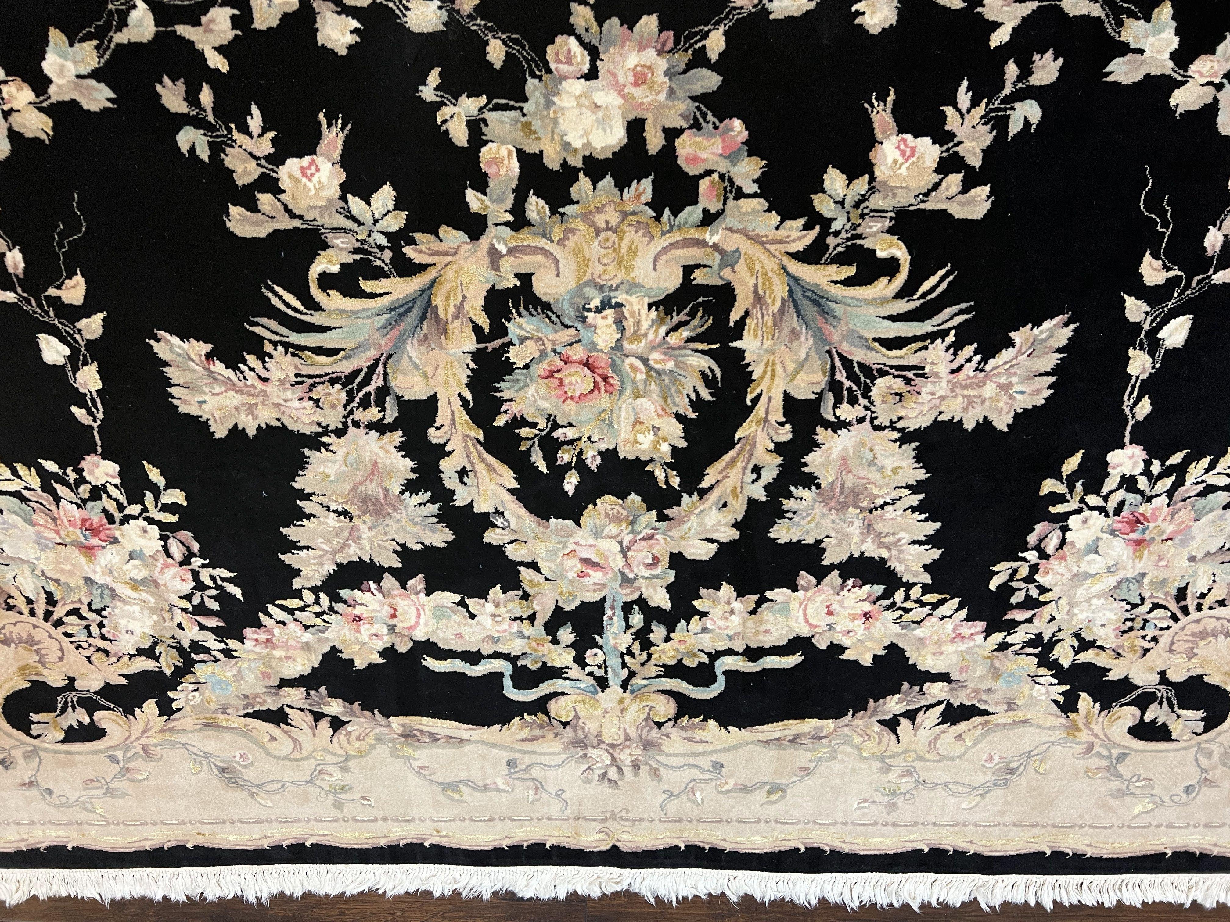 Aubusson Rug 9x12, Wool with Silk Highlights, Vintage Aubusson Carpet with Pile, Black and Beige, Handmade Elegant Room Sized Area Rug, Nice - Jewel Rugs