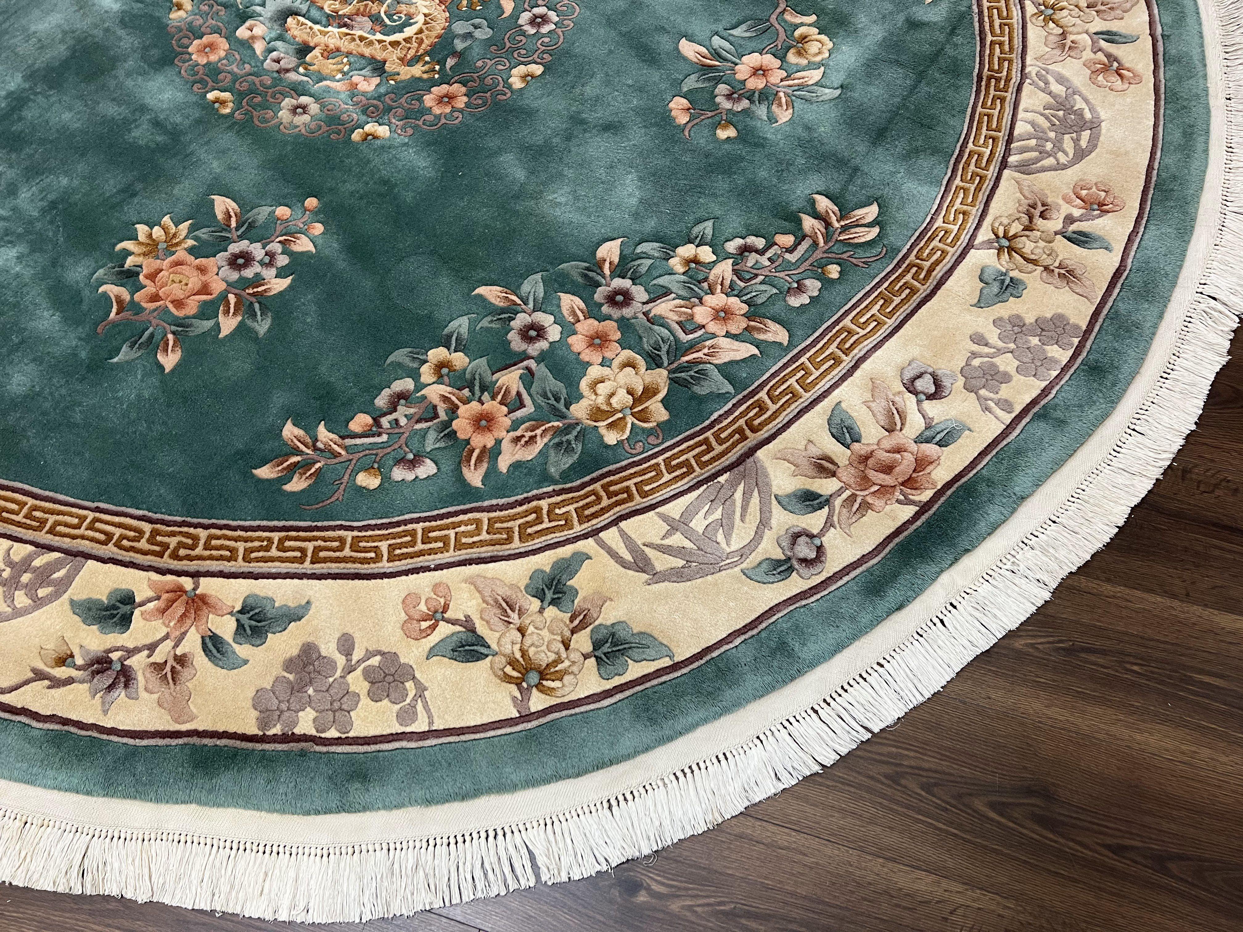 9ft Round Chinese Wool Rug, Vintage 1960s Chinese Dragon Carpet, 9x9 Round Rug, Green and Cream Floral Rug, Soft Plush Pile 90 Line Floral - Jewel Rugs