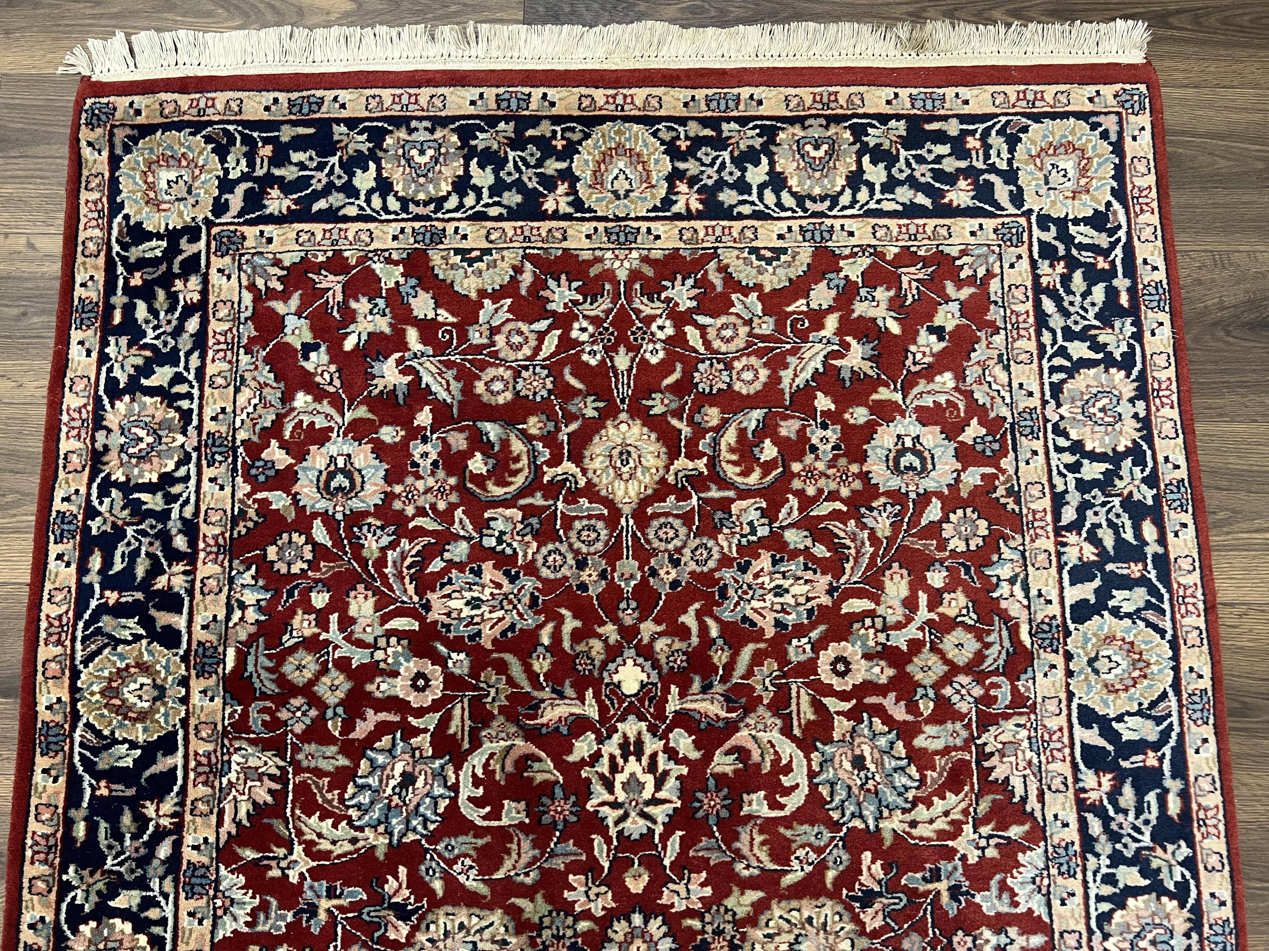 Vintage Indo Persian Runner Rug 4x10, Wool Hand-Knotted Oriental Carpet, Red Dark Blue Indian Rug, Allover Floral, Hallway Rug, Traditional - Jewel Rugs