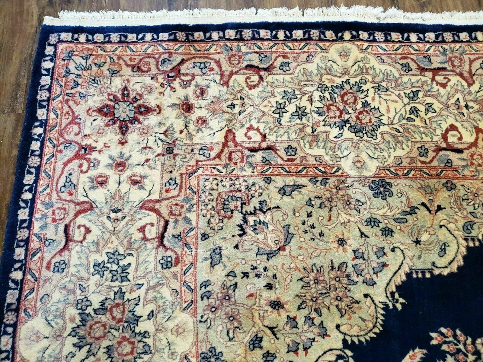 9' X 12' Vintage Indian Oriental Kirman Rug Medallion Hand Knotted Wool Blue - Jewel Rugs