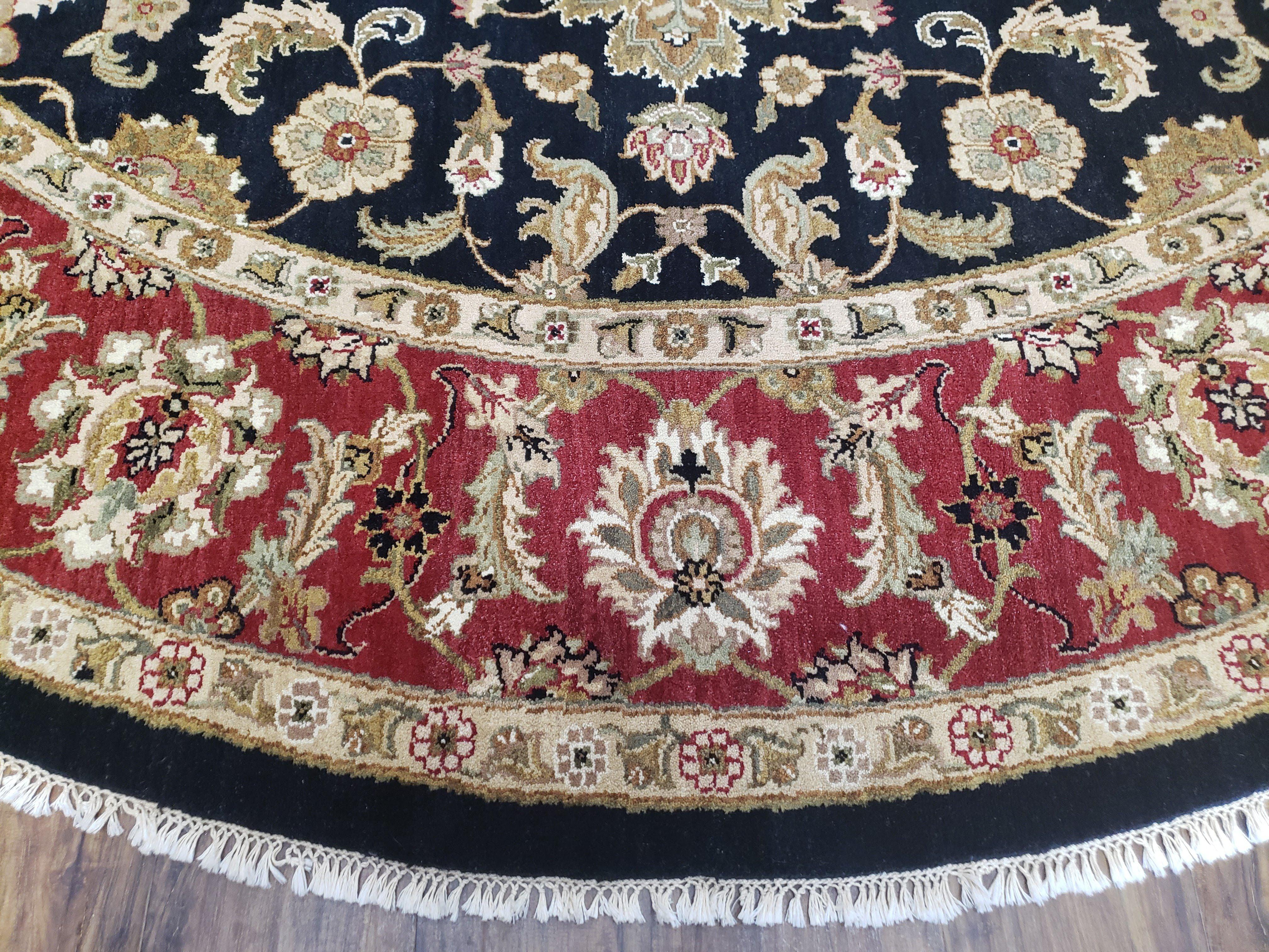 10ft Round Indian Mahal Rug, 10x10 Hand-Knotted Oriental Rug, Large Circular Handmade Rug, Midnight Blue Red and Beige, Allover Floral, Nice - Jewel Rugs