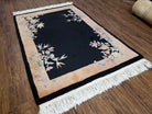 Chinese Art Deco Carpet 4x6, Black & Peach Chinese Oriental Rug 4 x 6, Flowers, Simple Design, 90 Line, Vintage, Wool, Soft, Thick Pile - Jewel Rugs