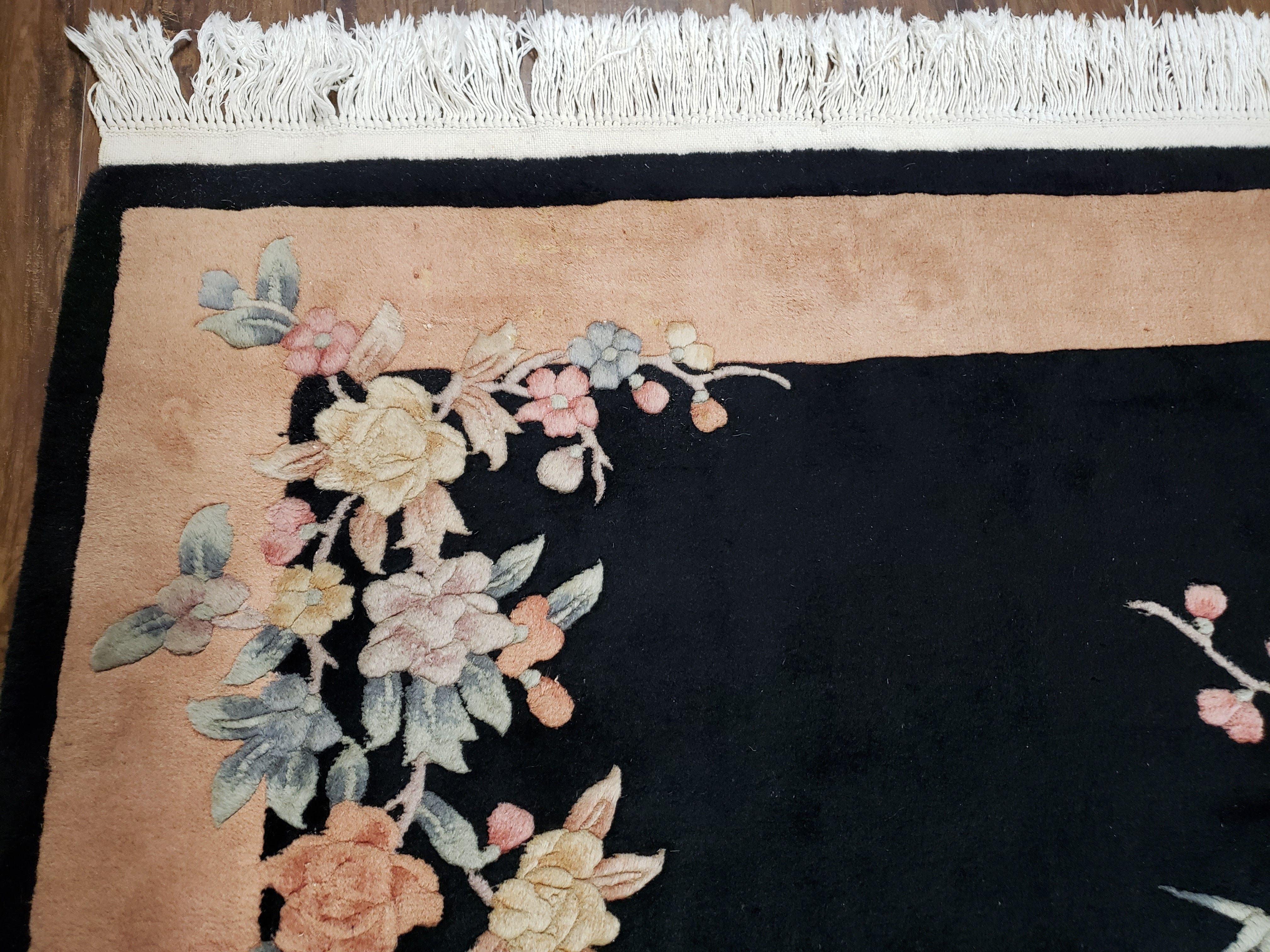 Chinese Art Deco Carpet 4x6, Black & Peach Chinese Oriental Rug 4 x 6, Flowers, Simple Design, 90 Line, Vintage, Wool, Soft, Thick Pile - Jewel Rugs