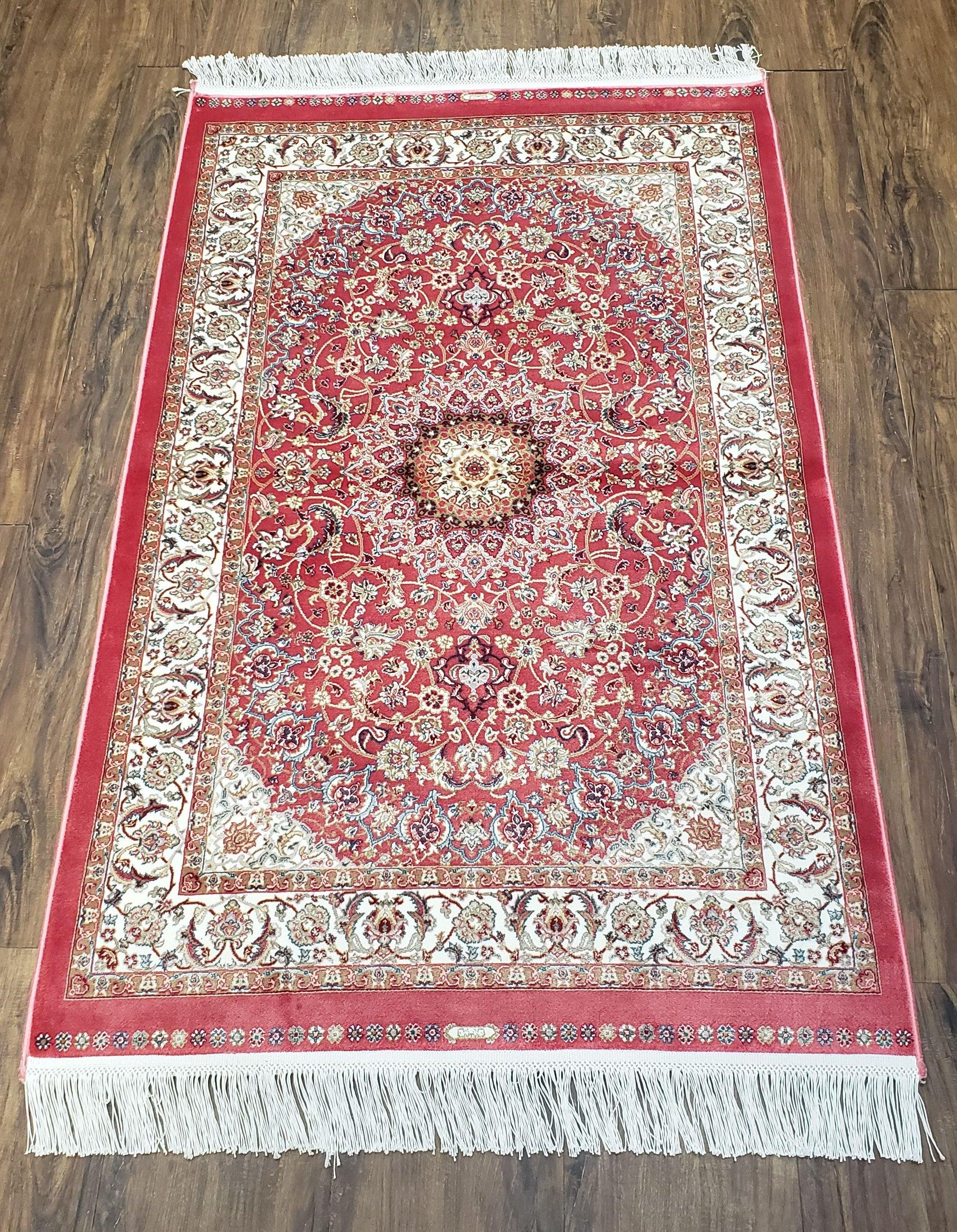 Red & Cream Silk Rug, Small Silk Carpet, Oriental Rug with Medallion, Accent Rug, Bamboo Silk, New, 2.5 x 4 ft Rug Mat, 2' 8" x 4' 1" - Jewel Rugs