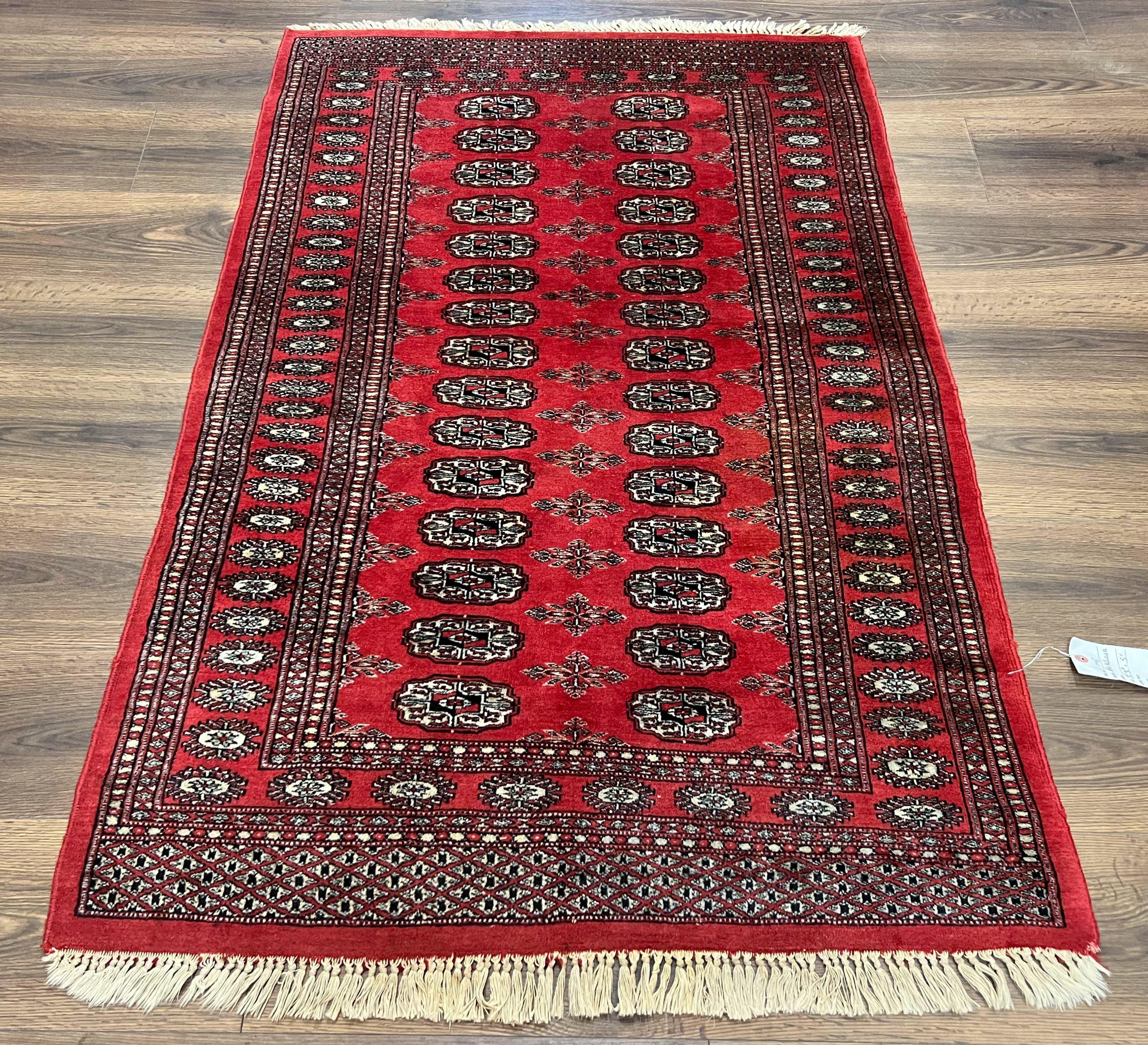 Pakistani Bokhara Rug 3x5, Red Turkoman Carpet 3 x 5 ft, Hand Knotted Wool Vintage Tribal Bohemian Rug, Elephant Foot Motif, Handmade Nice - Jewel Rugs