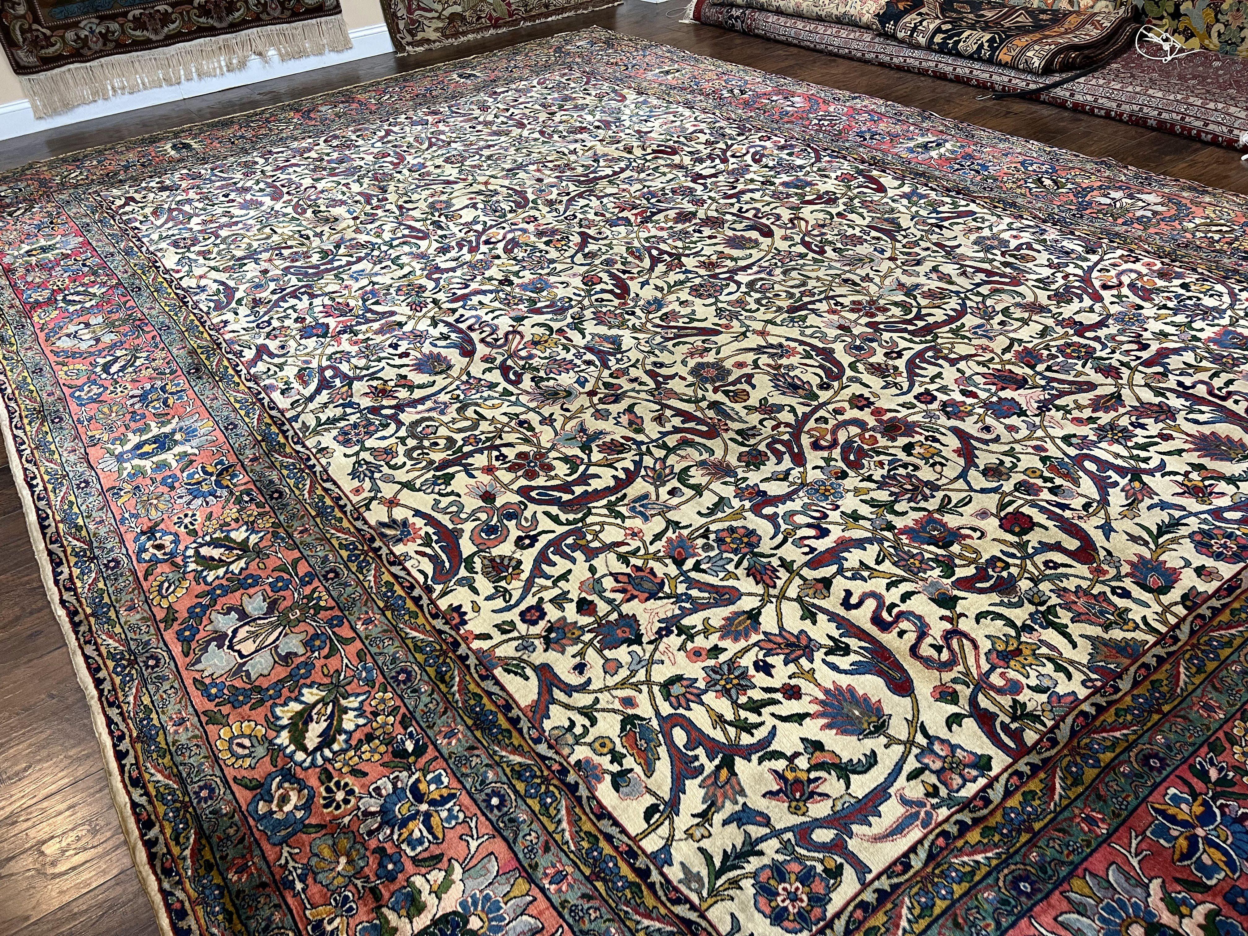 Rare Room Sized Persian Kirman Lavar Rug 10x15, Antique 1920s Persian Carpet, Allover Floral Design, Cream Red Blue, Highly Detailed, Wool - Jewel Rugs