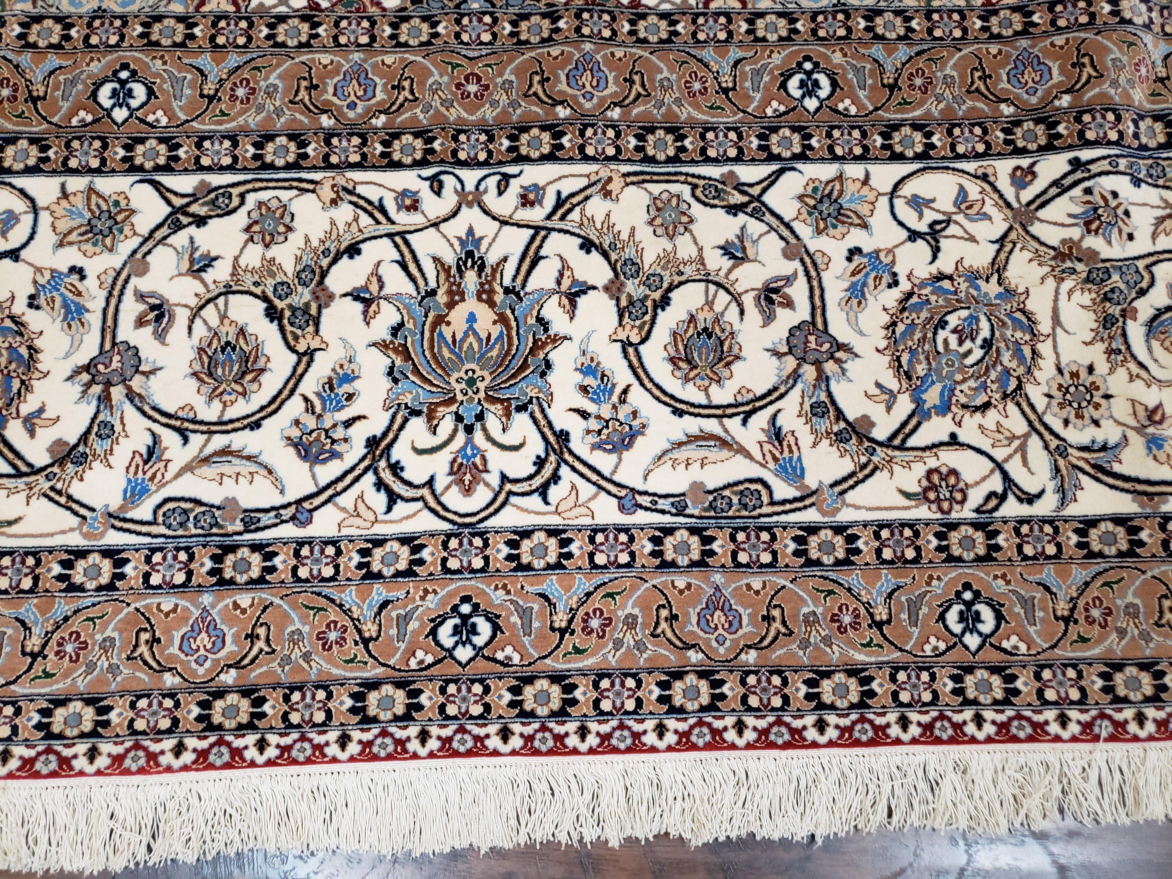 Vintage Persian Nain, Wool on Silk Foundation, Ivory & Maroon, Hand-Knotted, 11' 1" x 14' 9" - Jewel Rugs