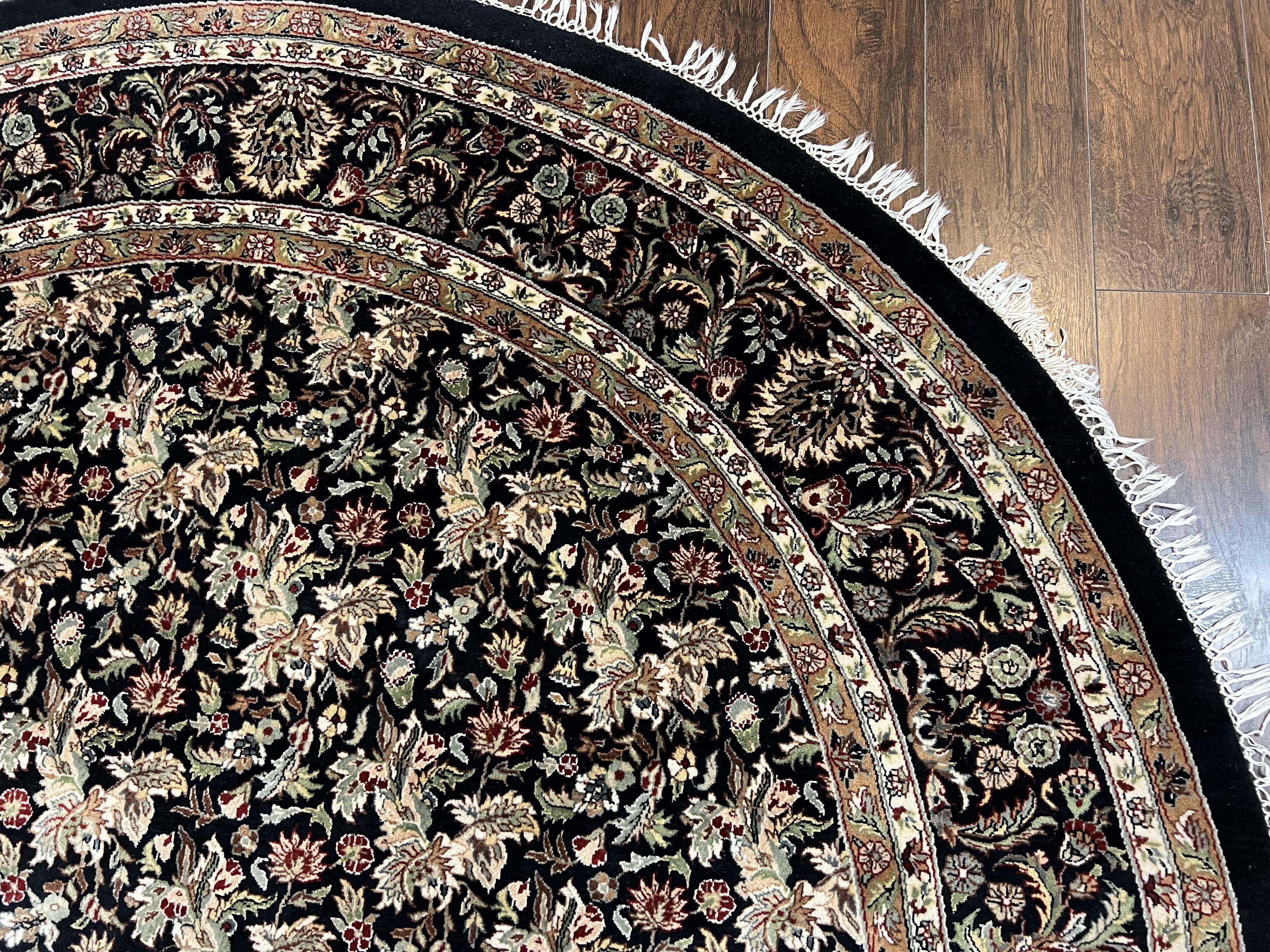 Round Oriental Rug 8x8 ft, William Morris Floral Pattern Carpet, 8 x 8 ft Round Rug, Black Cream and Tan 8ft Round Handmade Indo Persian Rug - Jewel Rugs