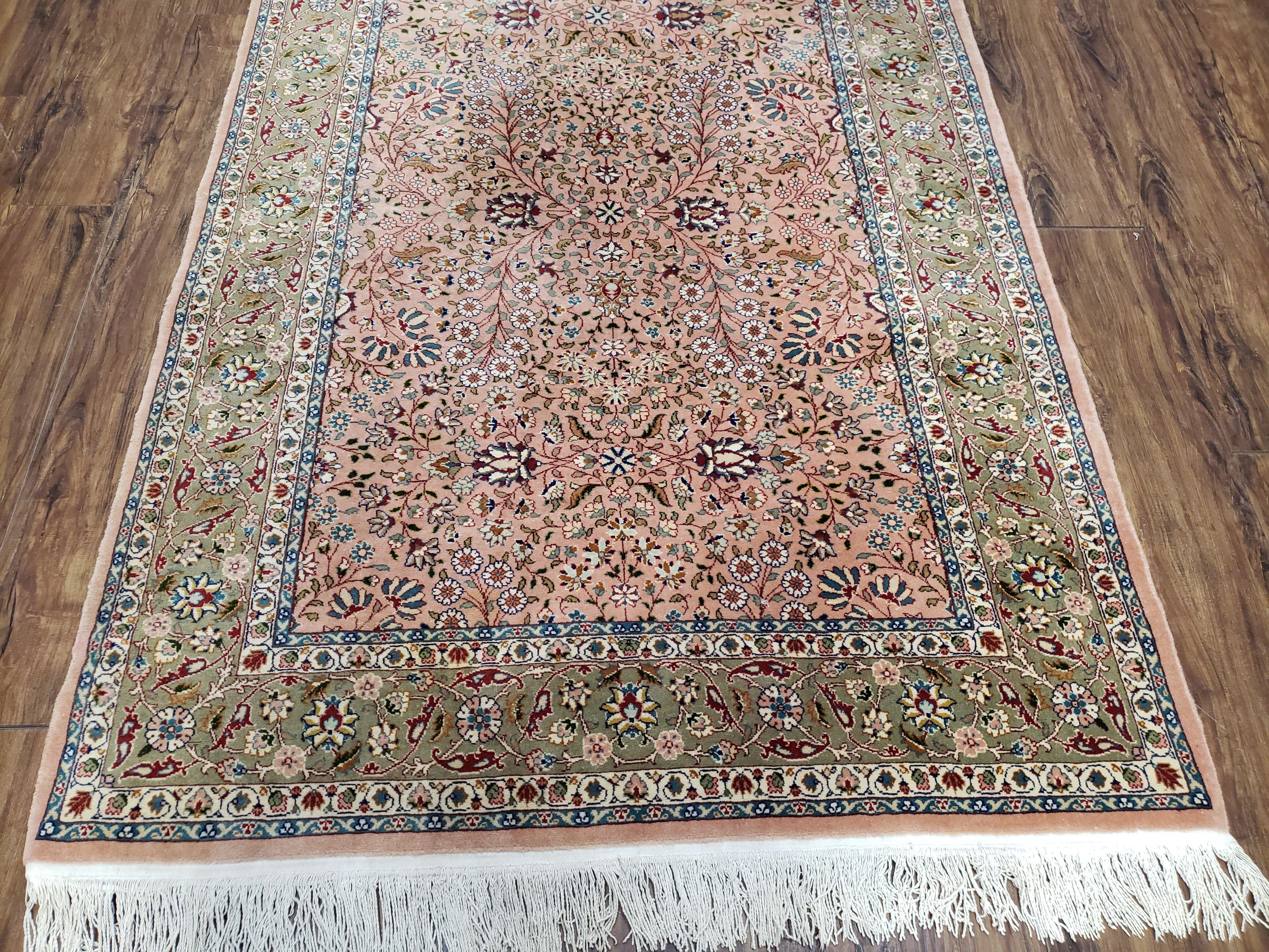 Turkish Hereke Rug 4x6, Wool on Cotton Turkish Hereke Carpet 4 x 6 ft, Handmade Hand Knotted Fine Oriental Rug, Light Coral Red and Green - Jewel Rugs