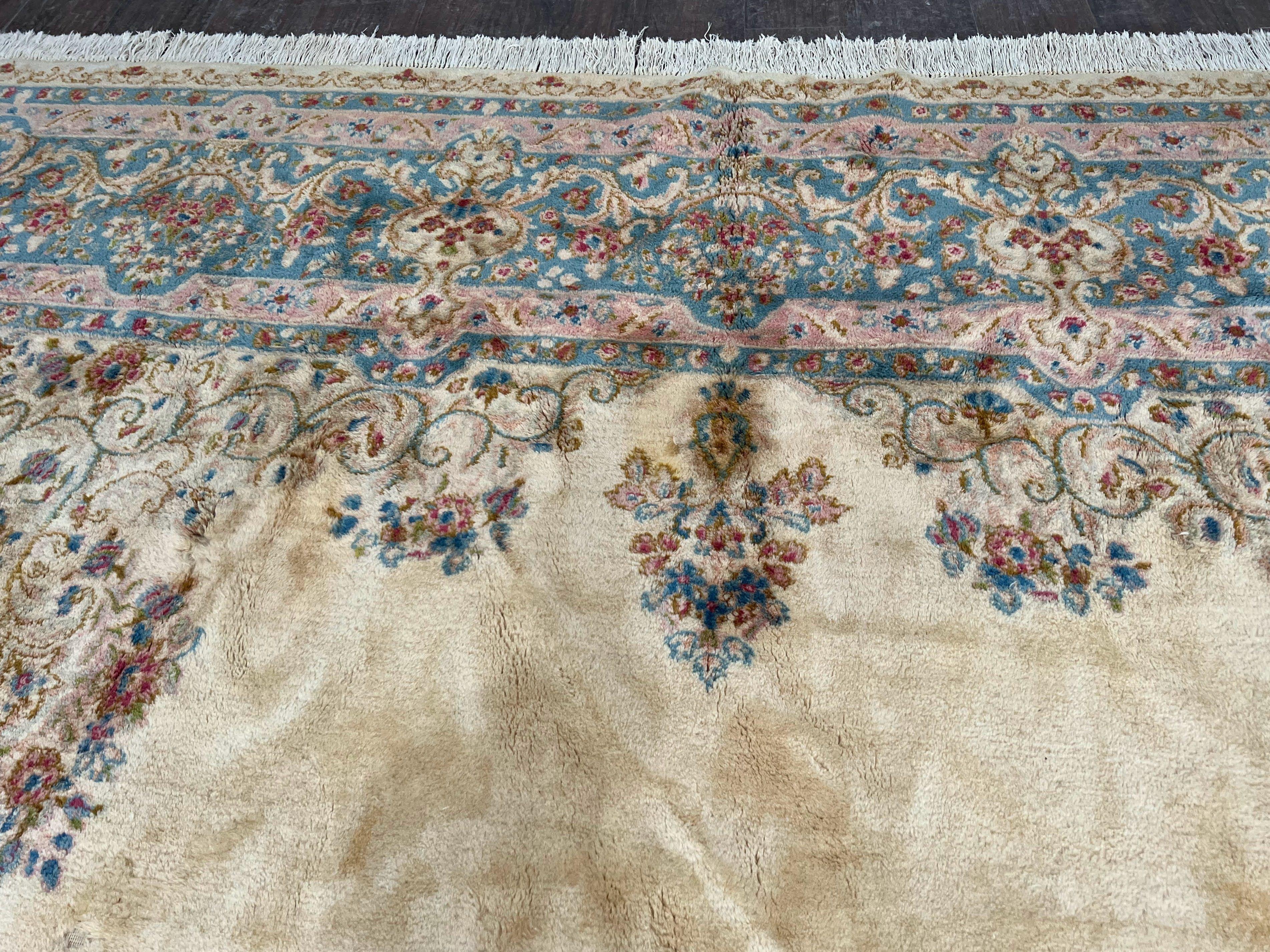 Oversized Persian Rug 11x18, Kirman Open Field Medallion 11 x 18, Palace Sized Hand Knotted Handmade Wool Oriental Carpet, Cream Light Blue - Jewel Rugs