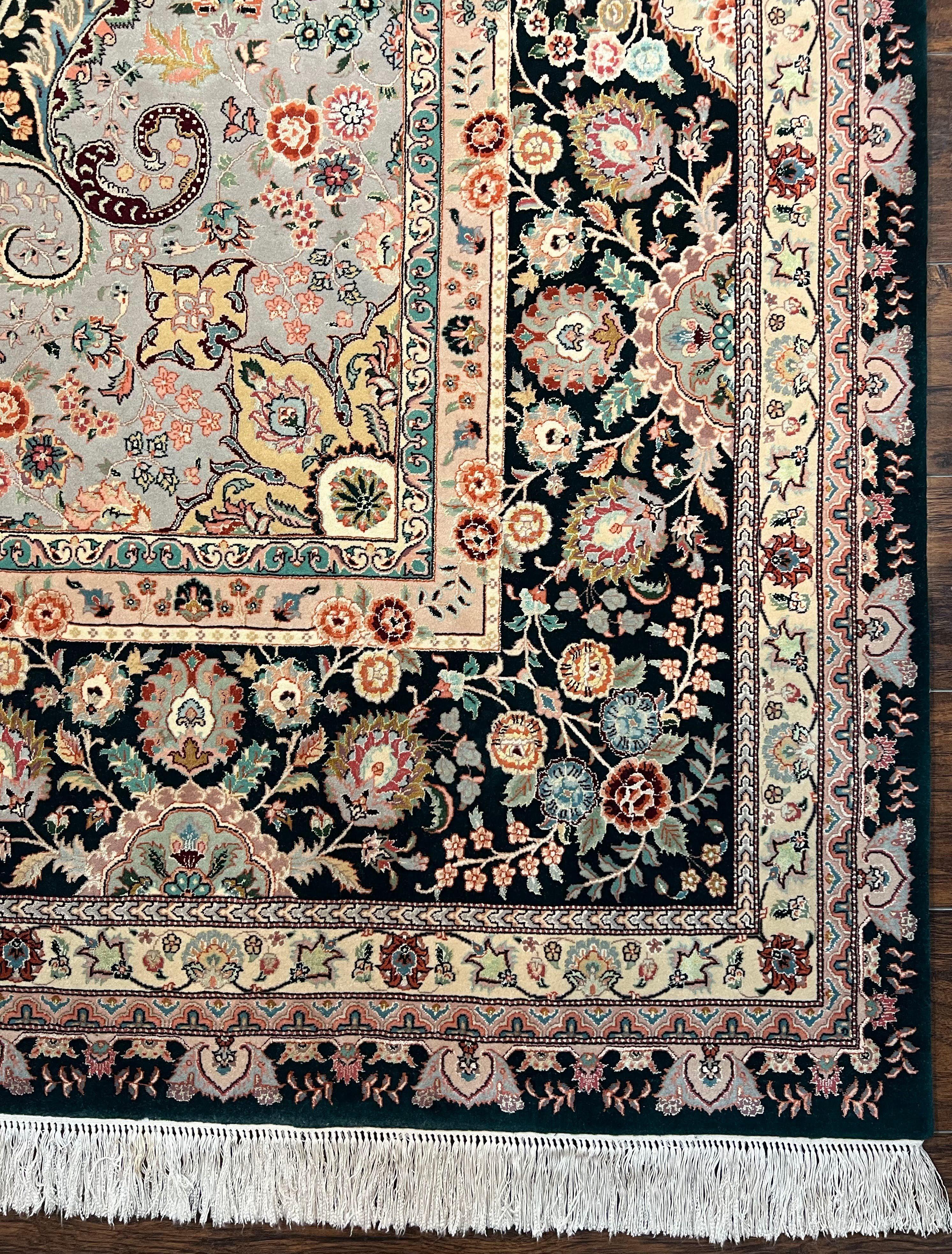 Wonderful Sino Persian Rug 10x14, Wool on Silk Foundation, Very Fine Floral Medallion Oriental Carpet, Dark Green Salmon Pink Light, Wow - Jewel Rugs