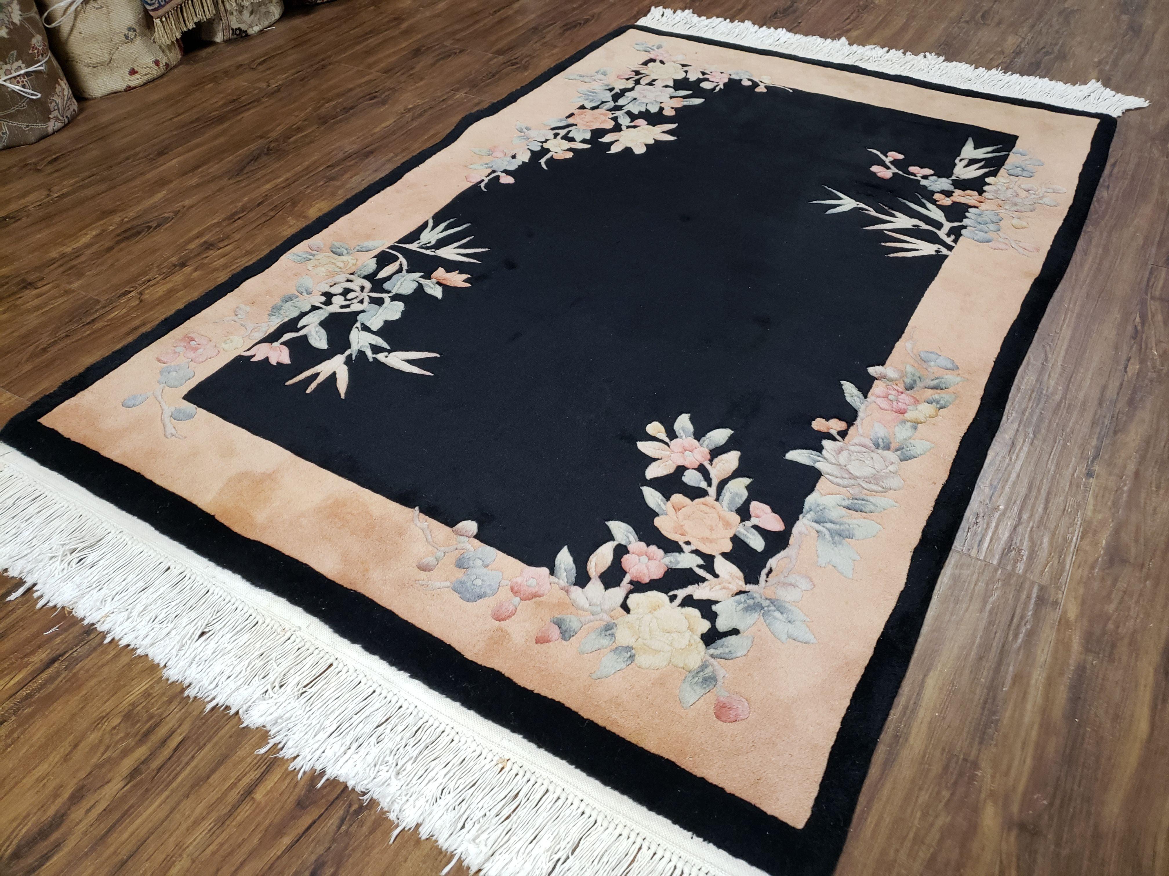 Chinese Art Deco Carpet 4x6, Black & Peach Chinese Oriental Rug 4 x 6, Flowers, Simple Design, 90 Line, Vintage, Wool, Soft, Thick Pile - Jewel Rugs