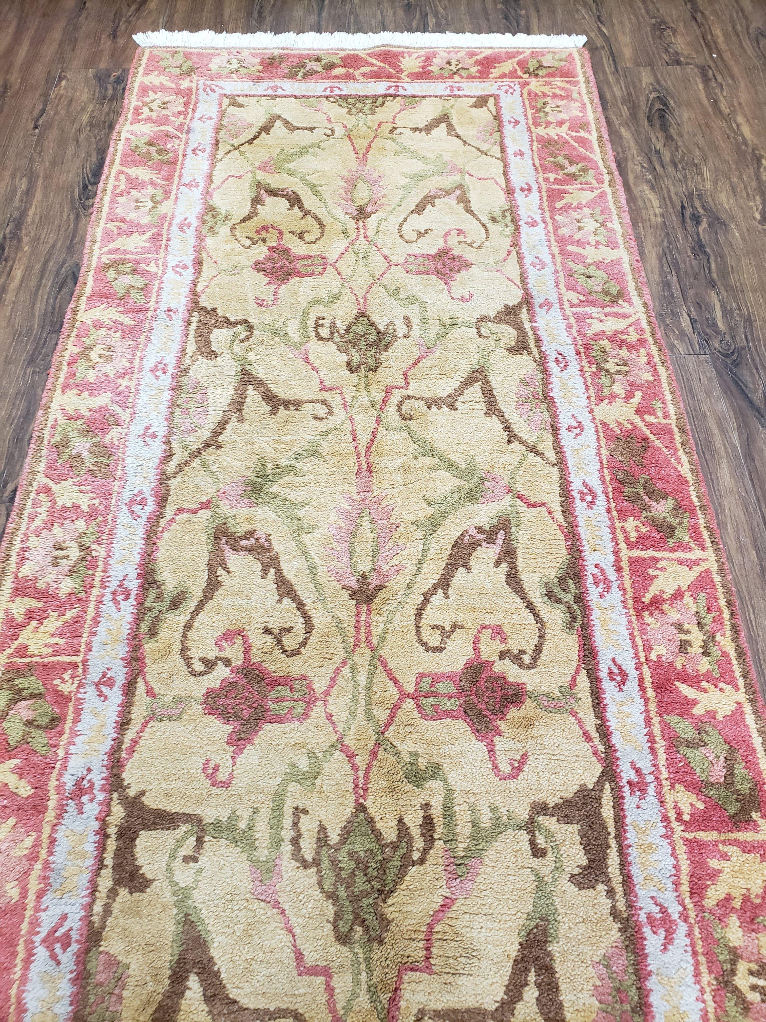 Vintage Nepalese Runner Rug 3 x 11.9, Wool Hand-Knotted Hallway Carpet, Gold & Red Nepali Tibetan Runner 3 x 12 Soft Pile Kitchen Carpet - Jewel Rugs