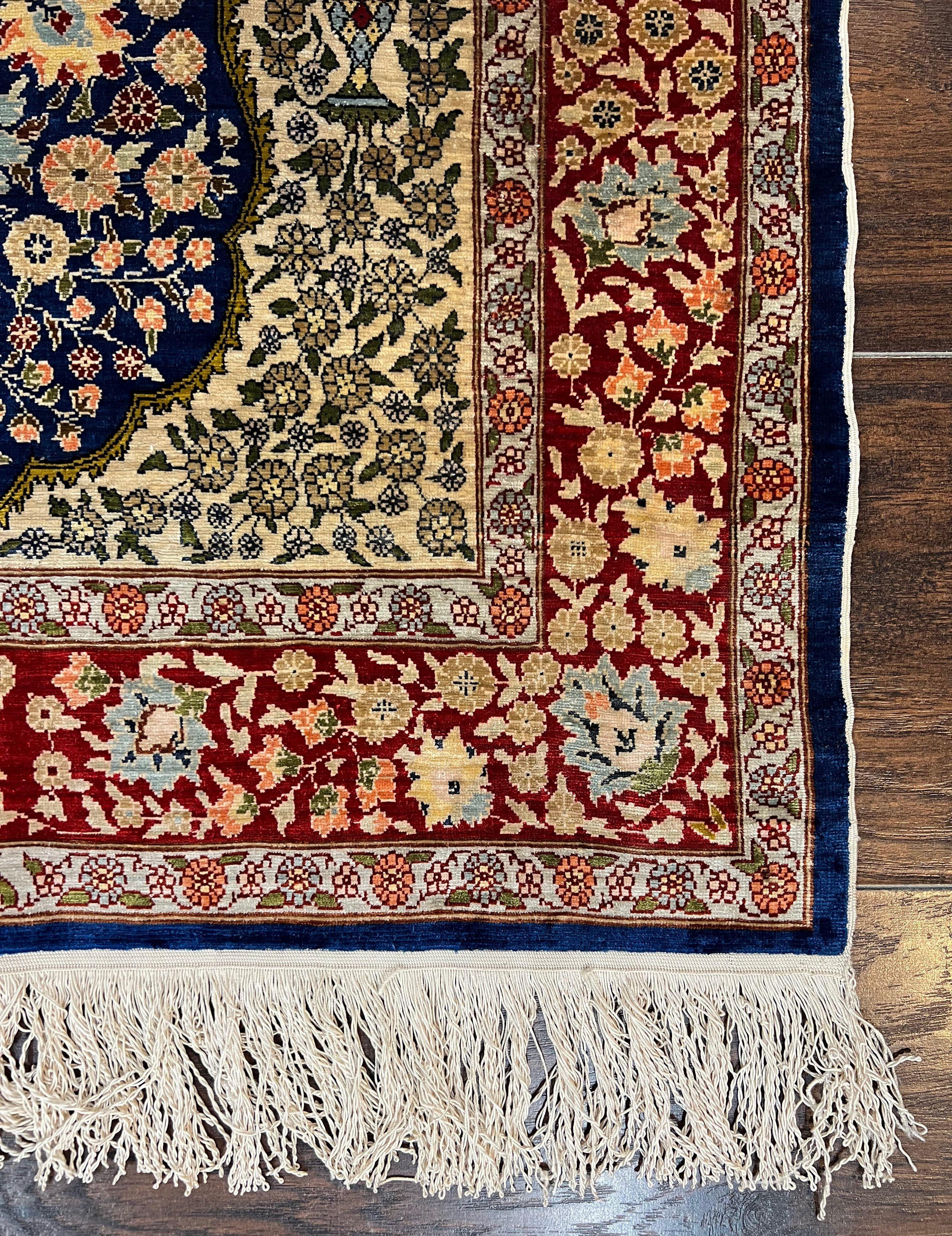 Authentic Silk Turkish Hereke Rug 2x3 ft with Signature, Wonderful Silk on Silk Small Hereke Carpet 2 x 3, Floral Navy Blue Dark Red Cream - Jewel Rugs