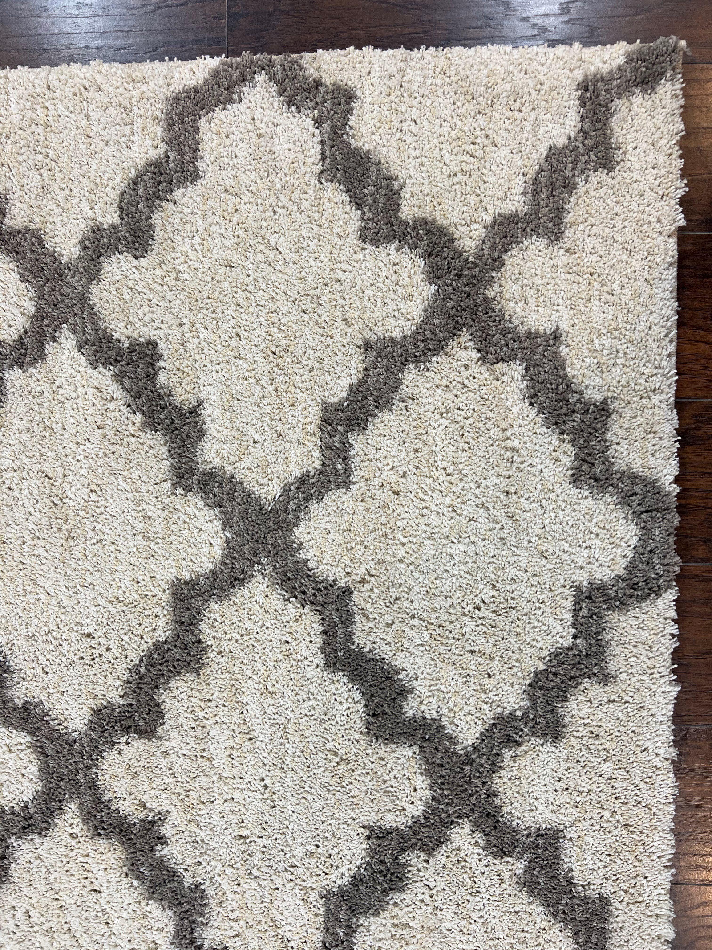 Modern Shag Rug, Ivory and Gray, Diamond Panel Design, Room Sized Area Rug - Jewel Rugs