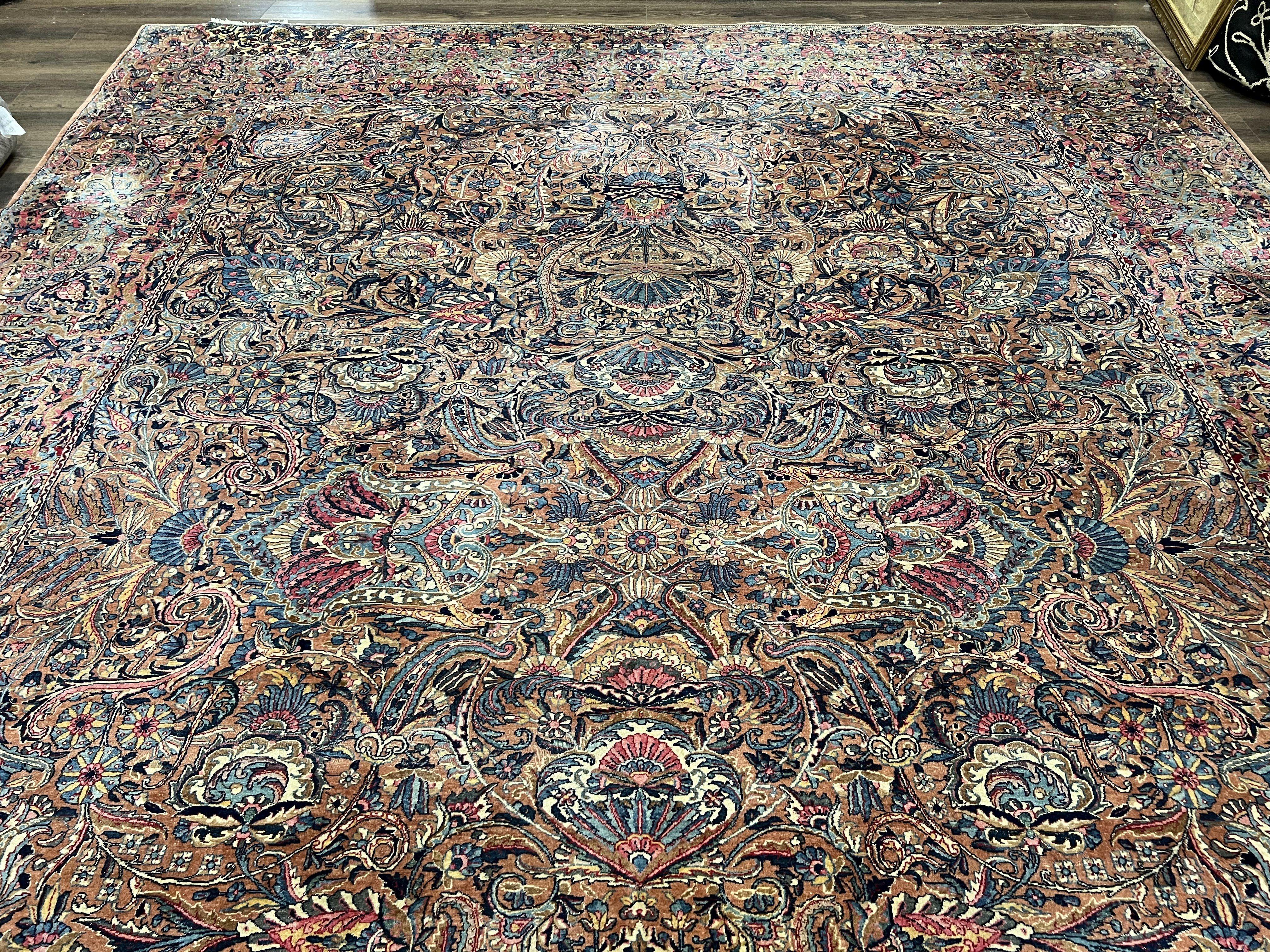 Stunning Persian Kirman Rug 11x15, Hand Knotted Wool Carpet, Large Antique Oriental Red Blue Area Rug 11 x 15 Allover Floral Palace Size Rug - Jewel Rugs