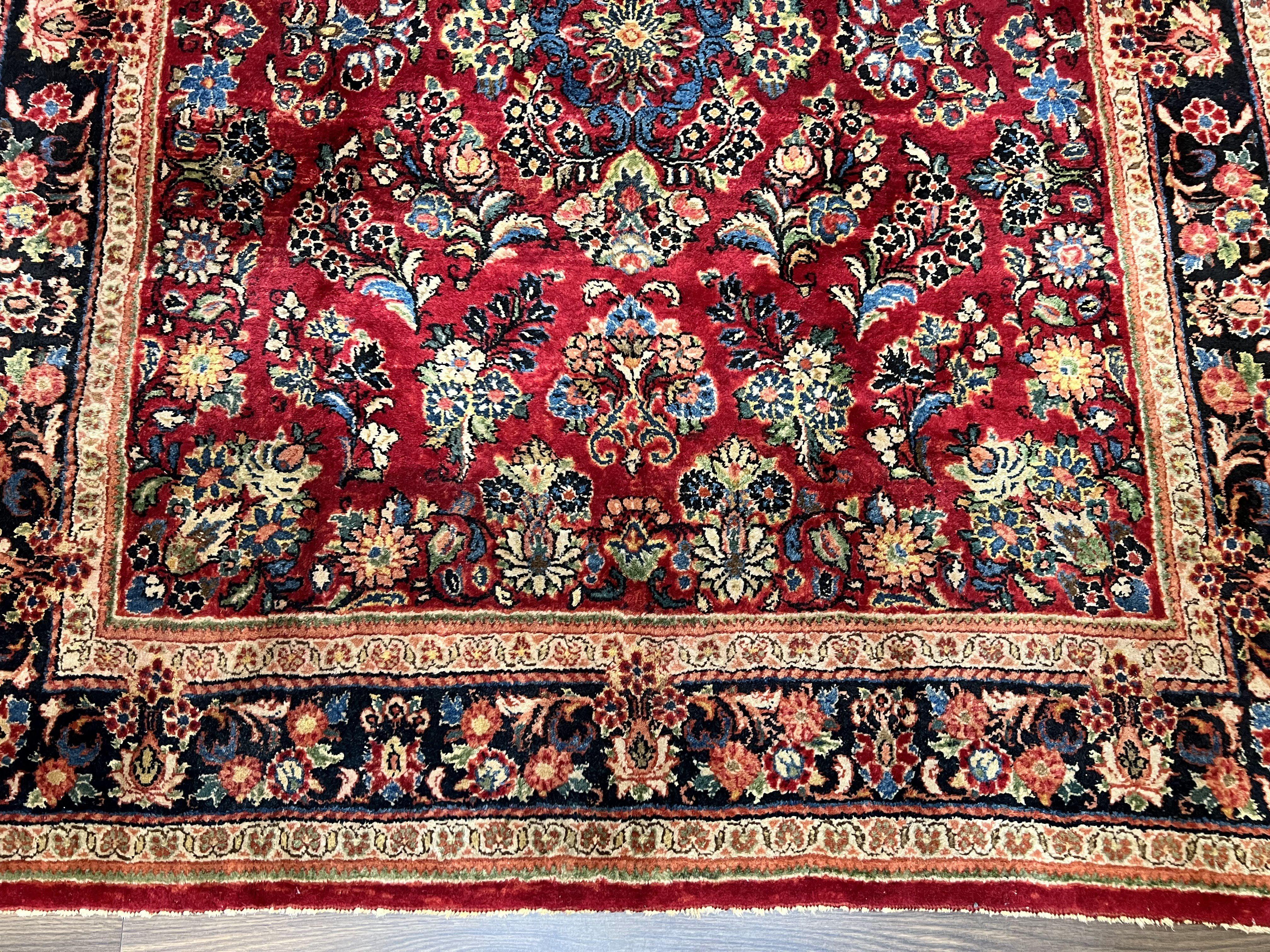 Rare Persian Almost Square Rug 6.3 x 5.3, Hand Knotted Wool Antique 1920s Sarouk Oriental Carpet, Red Navy Blue Beige, Floral Allover, 5x6 Area Rug - Jewel Rugs