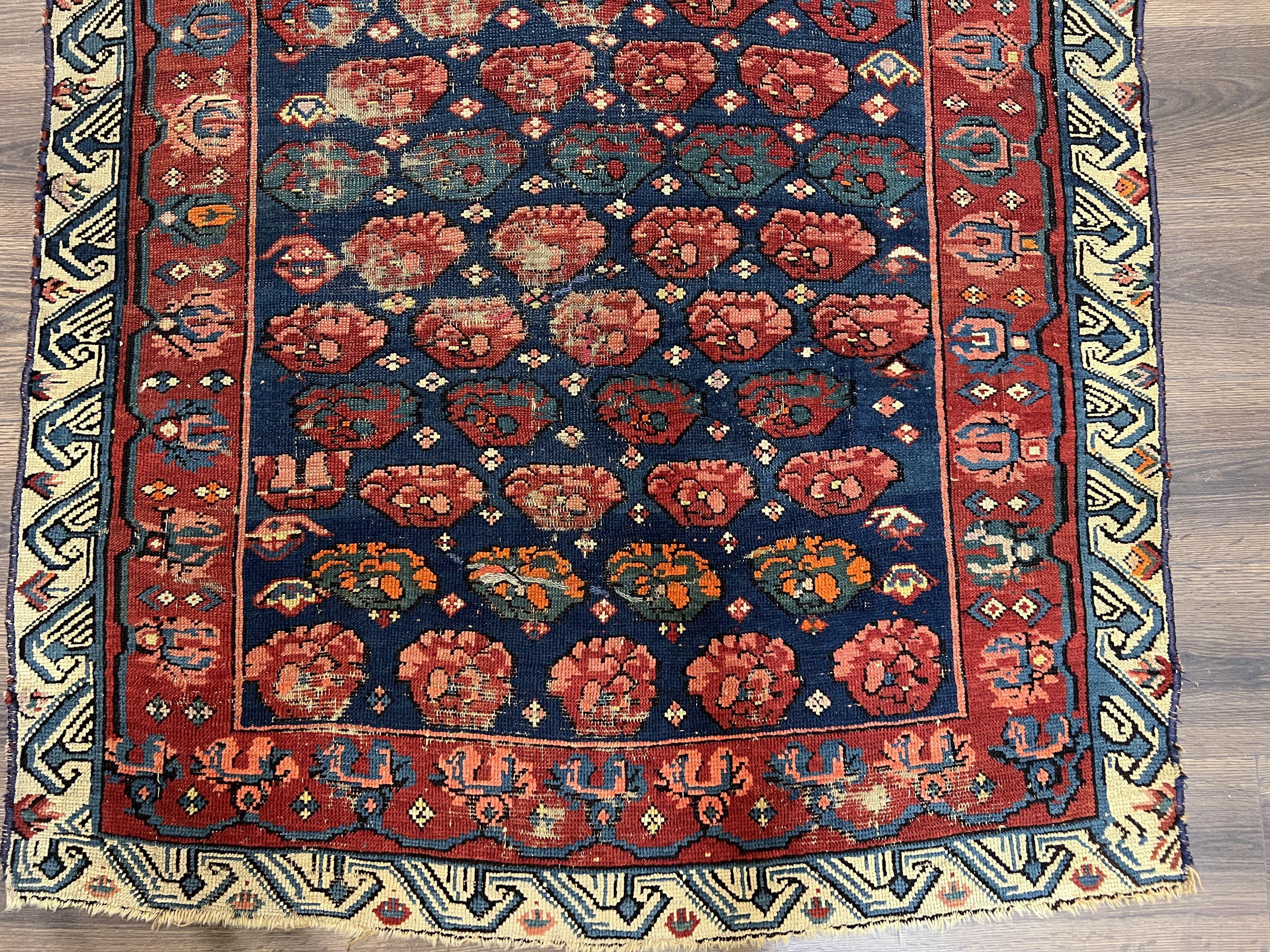 Antique Seychour Rug 4x7, Collectible Kuba Caucasian Carpet, Wool Handmade, Red Navy Blue Cream, Repeated Allover Motif, Early 20th Century - Jewel Rugs