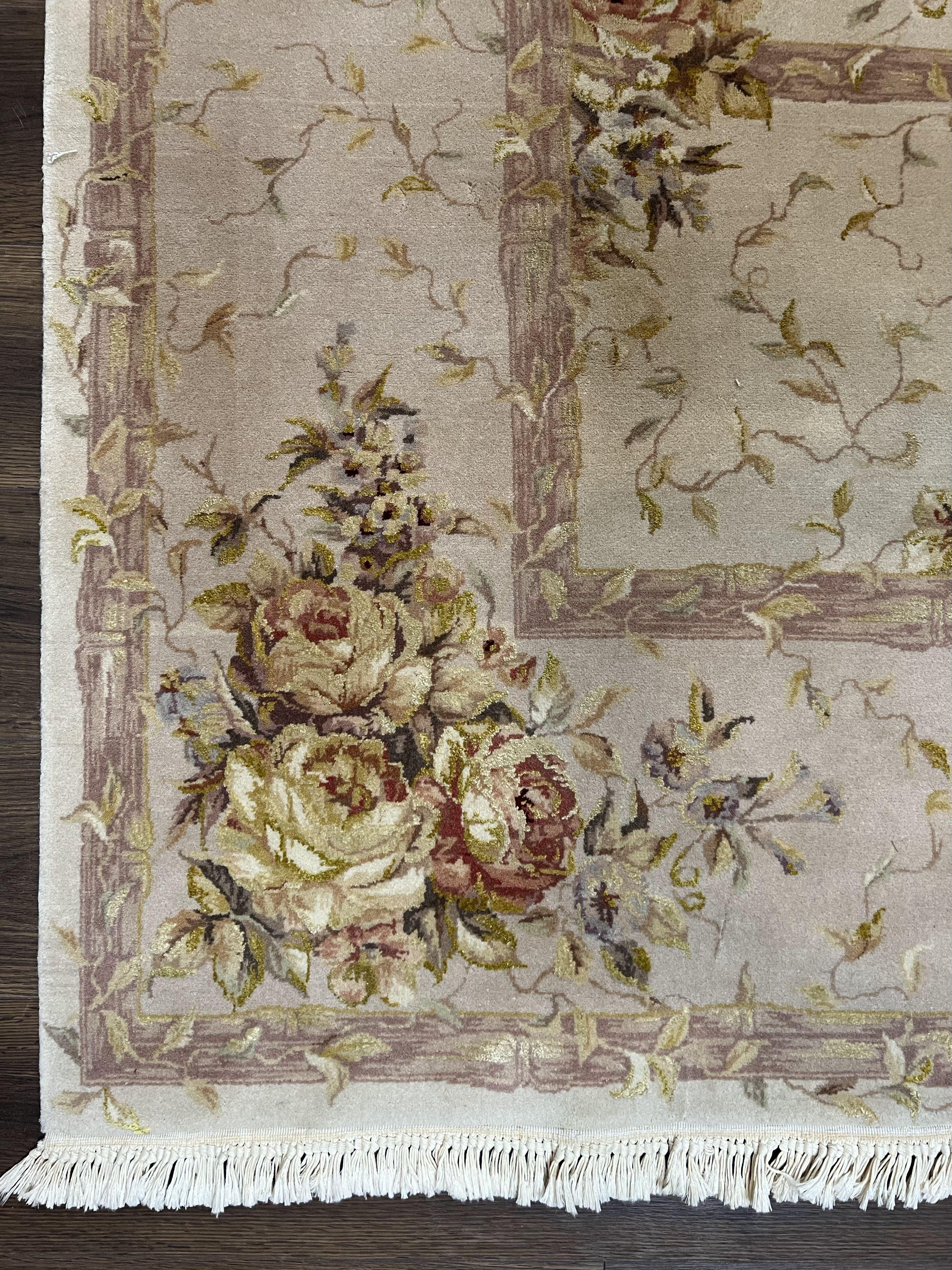 Aubusson Rug 8x10 ft, Wool with Silk Highlights, Piled Aubusson Carpet, Cream-Beige, Hand Knotted Vintage Very Fine Rug, French European Rug - Jewel Rugs