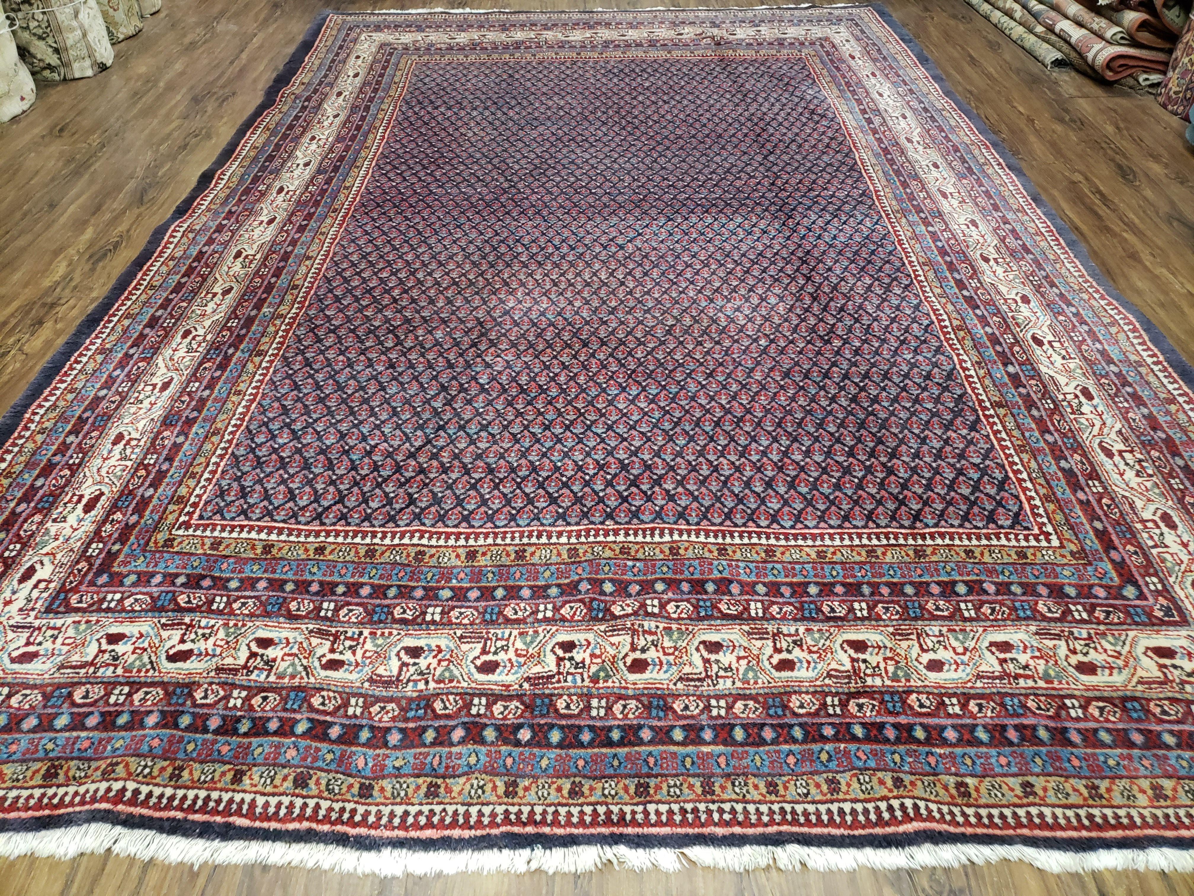 Persian Sarouk Rug 7x11, Antique Persian Carpet, Repeated Paisley Boteh Motif, Mir Pattern, Blue and Beige, Vintage Hand-Knotted Wool Oriental Rug - Jewel Rugs