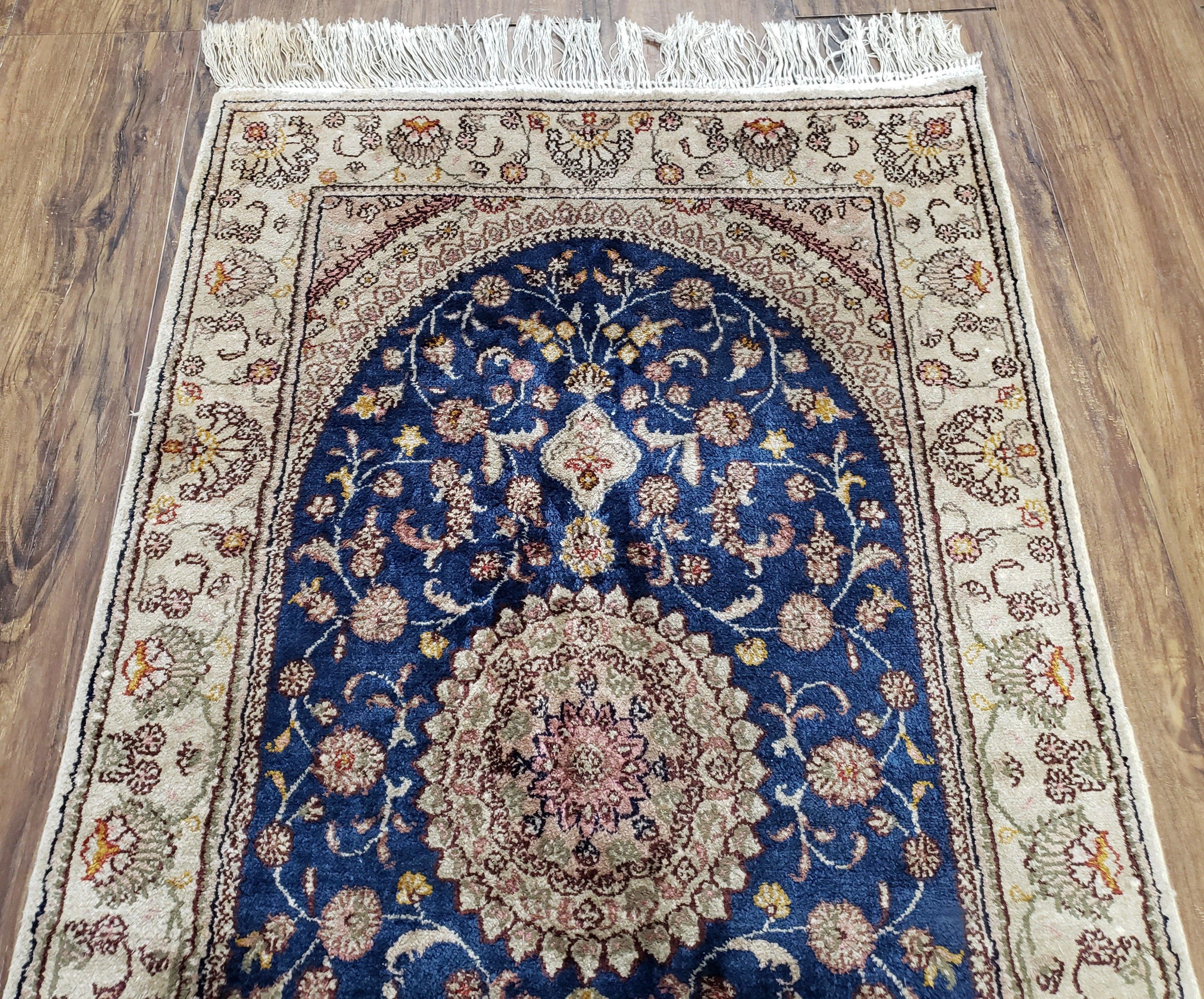 Small Silk Turkish Kayseri Rug 2'4" x 4', Fine Oriental Carpet, Vintage Traditional Floral Medallion Silk Rug, Hand-Knotted Navy Blue Beige - Jewel Rugs