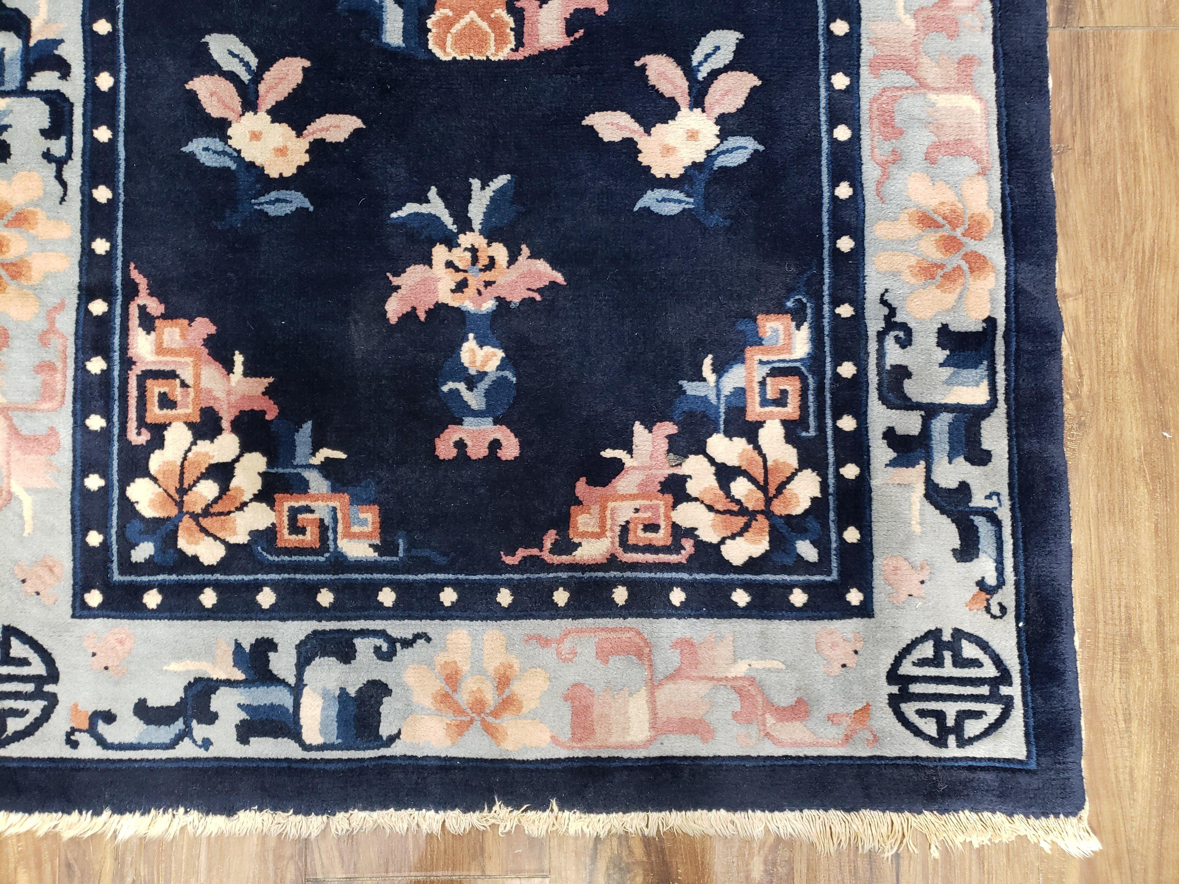 Antique Blue Chinese Peking Rug 3x5, Wool Hand-Knotted Chinese Art Deco Asian Carpet, 3 x 5 Small Entryway Rug, Dark Blue & Beige, Handmade - Jewel Rugs