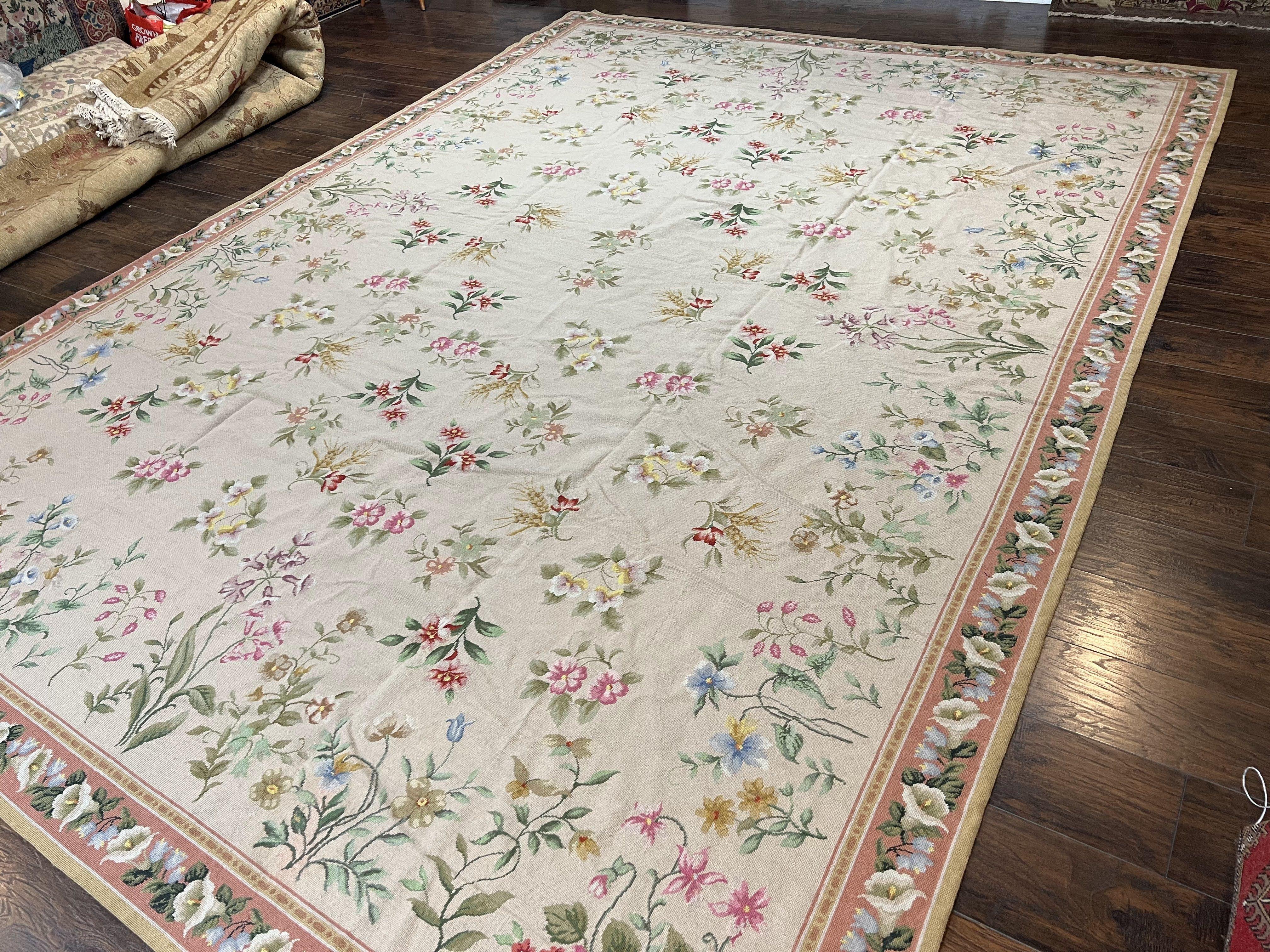 Large Needlepoint Rug 10x14 ft, Floral Allover, Handwoven Handmade Wool Needlepoint Carpet, Aubusson Design, Beige Salmon Pink 10 x 14 Rug - Jewel Rugs