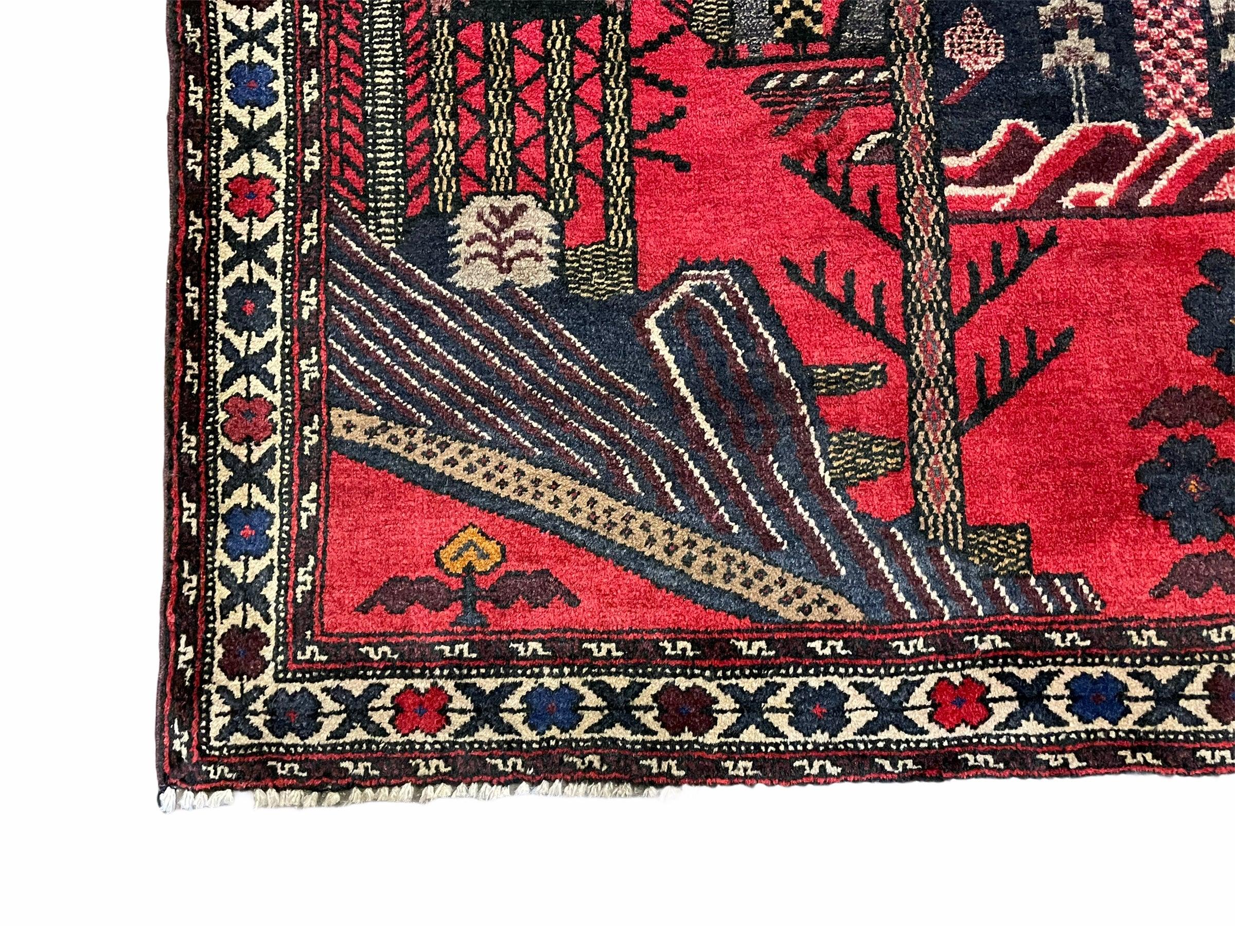 3x5 New Vintage Handmade Tribal Balouchi Rug Organic Dyes Red Buildings Nature - Jewel Rugs