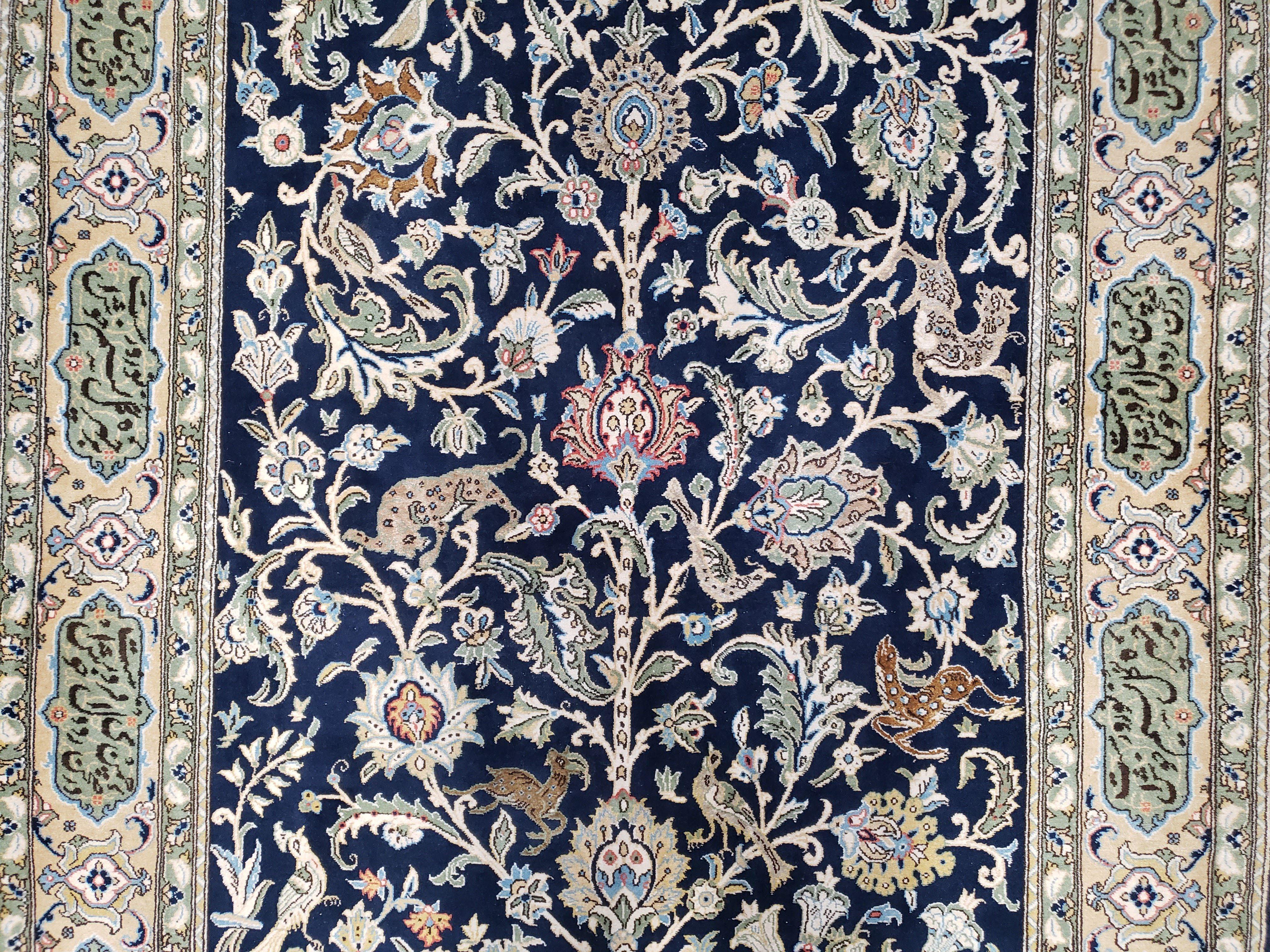 Semi Antique Persian Qum Tree of Life Rug, Hand-Knotted, Wool, Midnight Blue and Tan, Animal Pictorials, Written Poem in Borders, 4' 8" x 7' 8" - Jewel Rugs