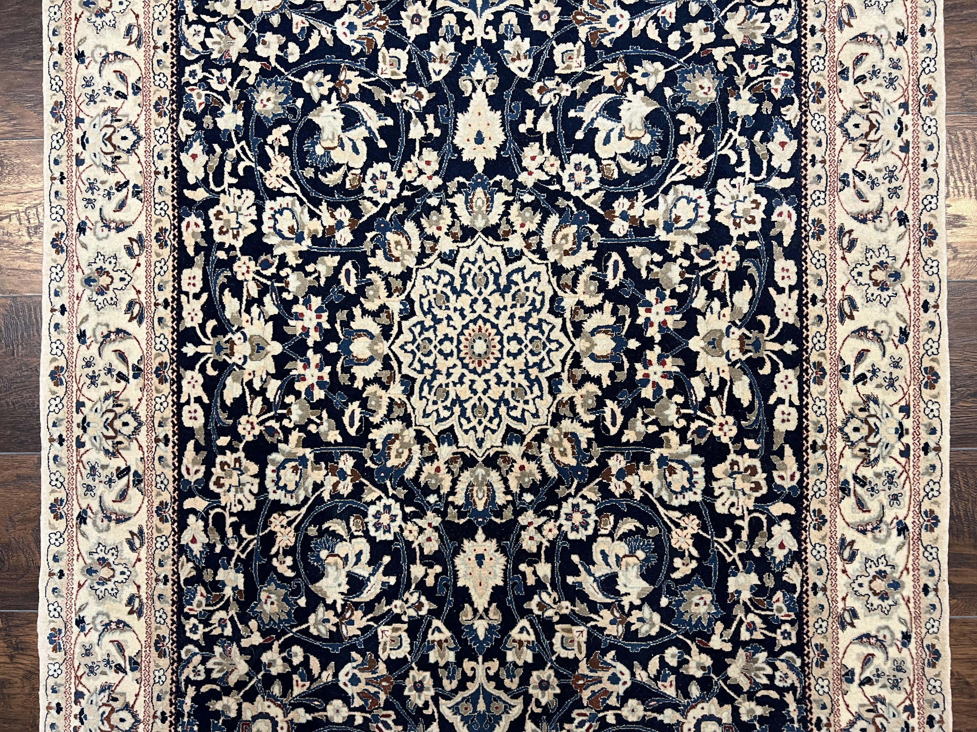 Very Fine Persian Nain Rug 3.7 x 6, Floral Medallion, Wool and Silk Accents, Highly Detailed, Hand Knotted Oriental Carpet, Navy Blue Ivory/Cream - Jewel Rugs