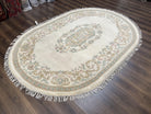 Indo Chinese Oval Rug 6x9, Aubusson Design, Ivory, Hand Knotted Wool Carpet, Large Vintage Oval Rug - Jewel Rugs