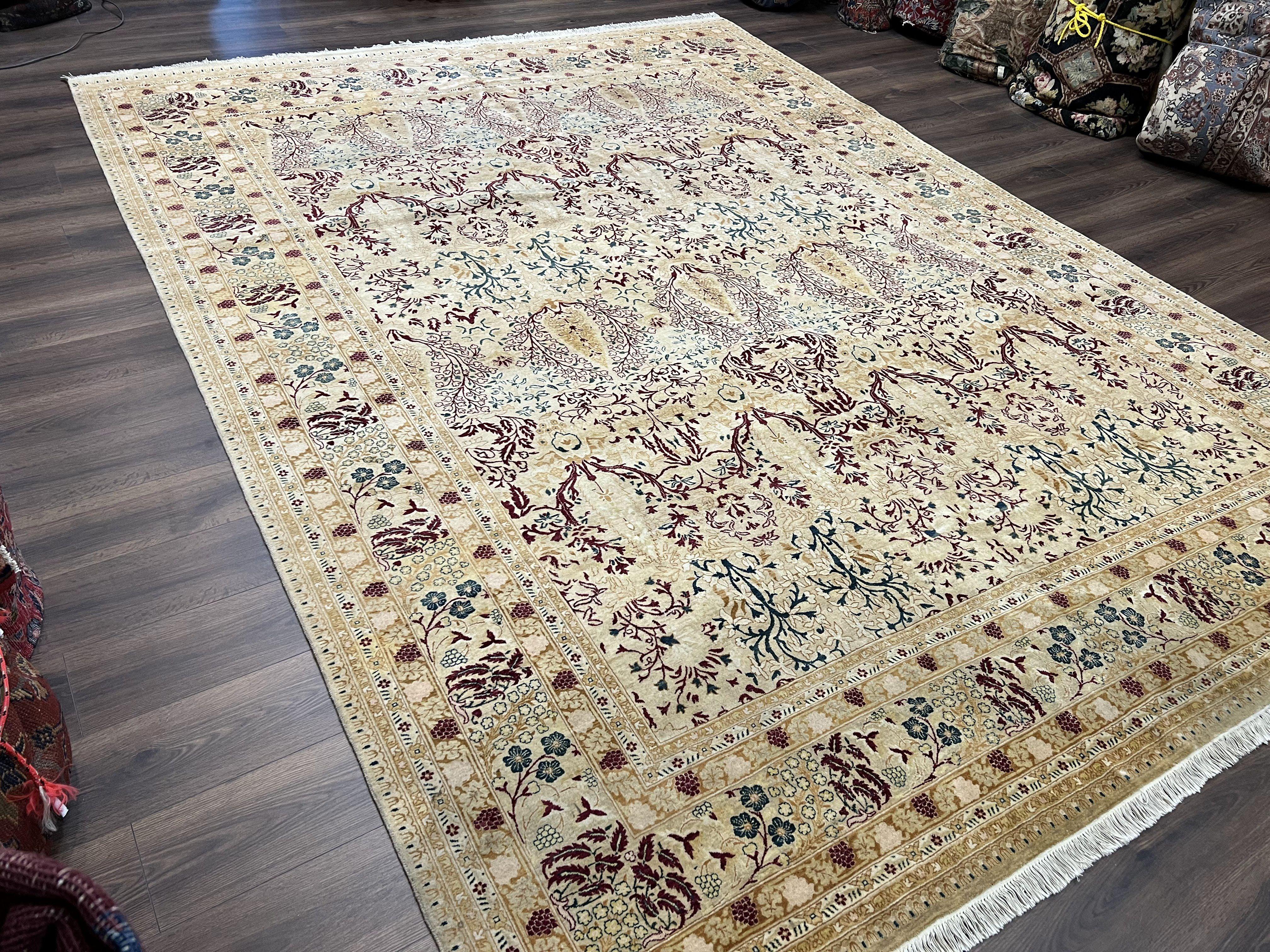 Fine Pak Persian Rug 9x12, Repeated Allover Floral Cypress Tree Motif, Cream and Dark Blue, Hand Knotted Pakistani Oriental Carpet 9 x 12 - Jewel Rugs