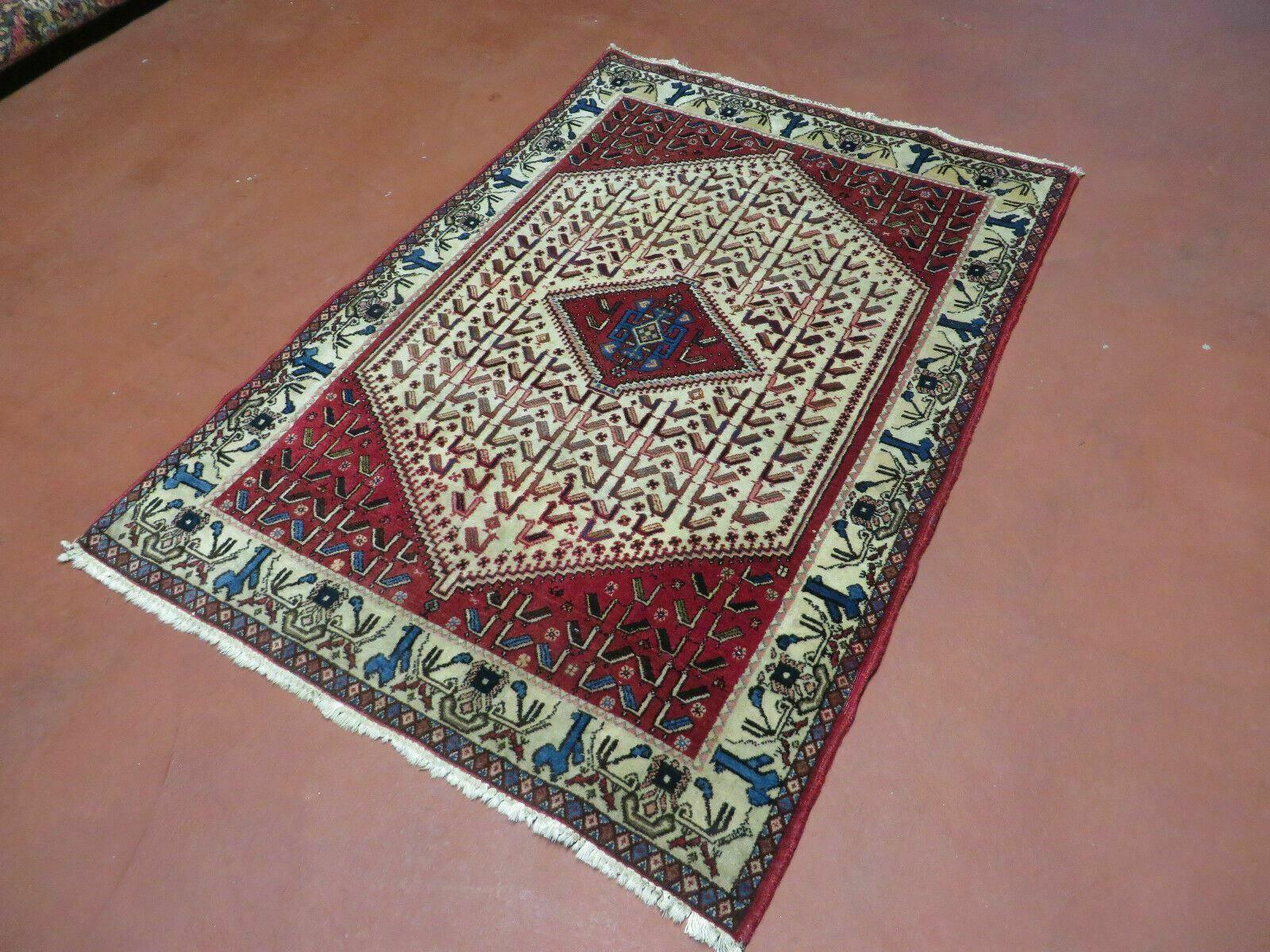 3' X 5' Vintage Handmade India Geometric Oriental Wool Rug Nice Birds Ivory Red - Jewel Rugs