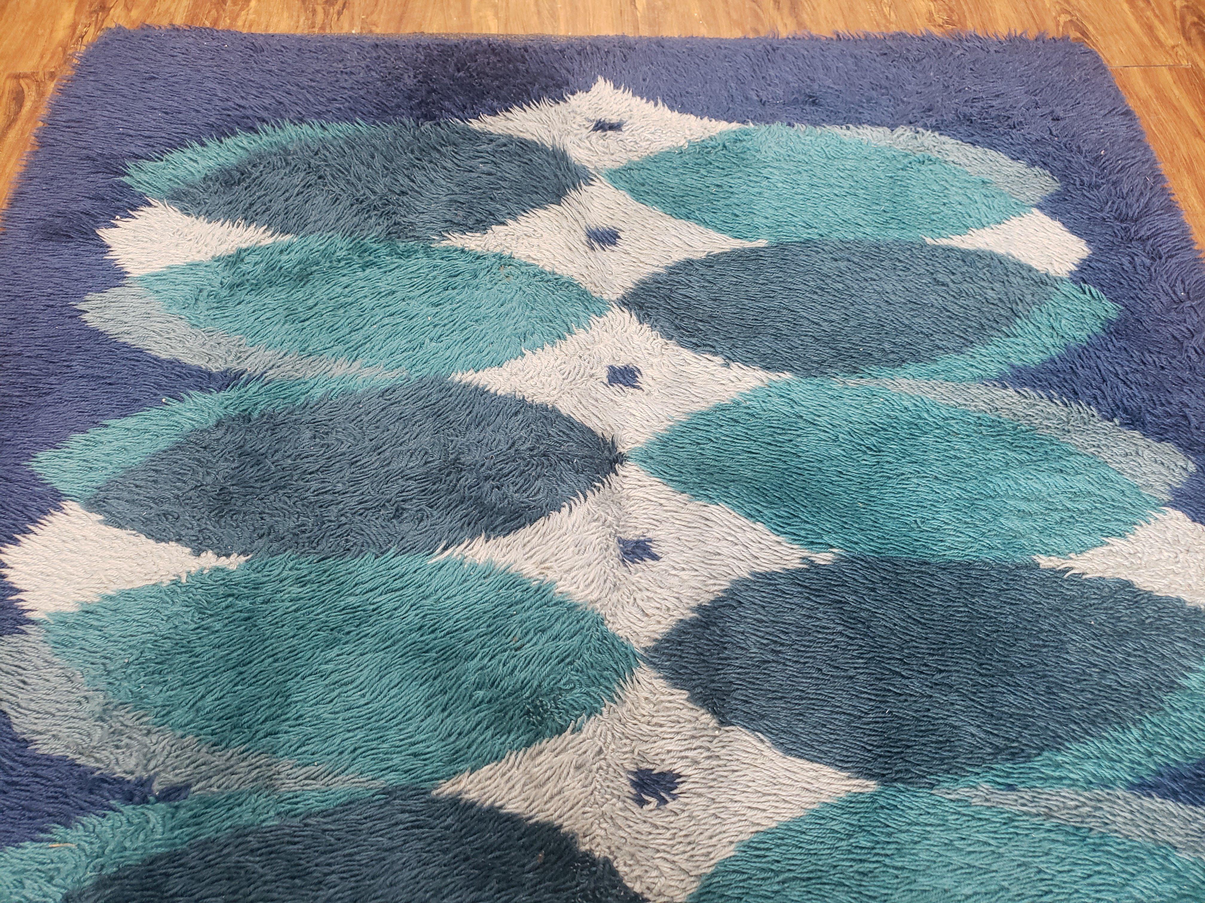 Blue Rya Rug, 1960s Mid-Century Danish Shag Rug 4'6" x 6'7", Ege Rya Modern Carpet, Cyan DeLuxe Rya Shag Rug, Vintage Area Rug 4x6, 5x7 Rug - Jewel Rugs