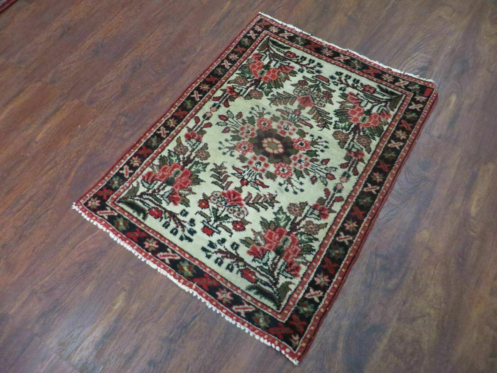 Small Persian Rug 2 x 2.5, Tiny Persian Hamadan Carpet, Cream Red, Floral Medallion, Vintage Wool Rug, Handmade Hand-Knotted Oriental Rug - Jewel Rugs