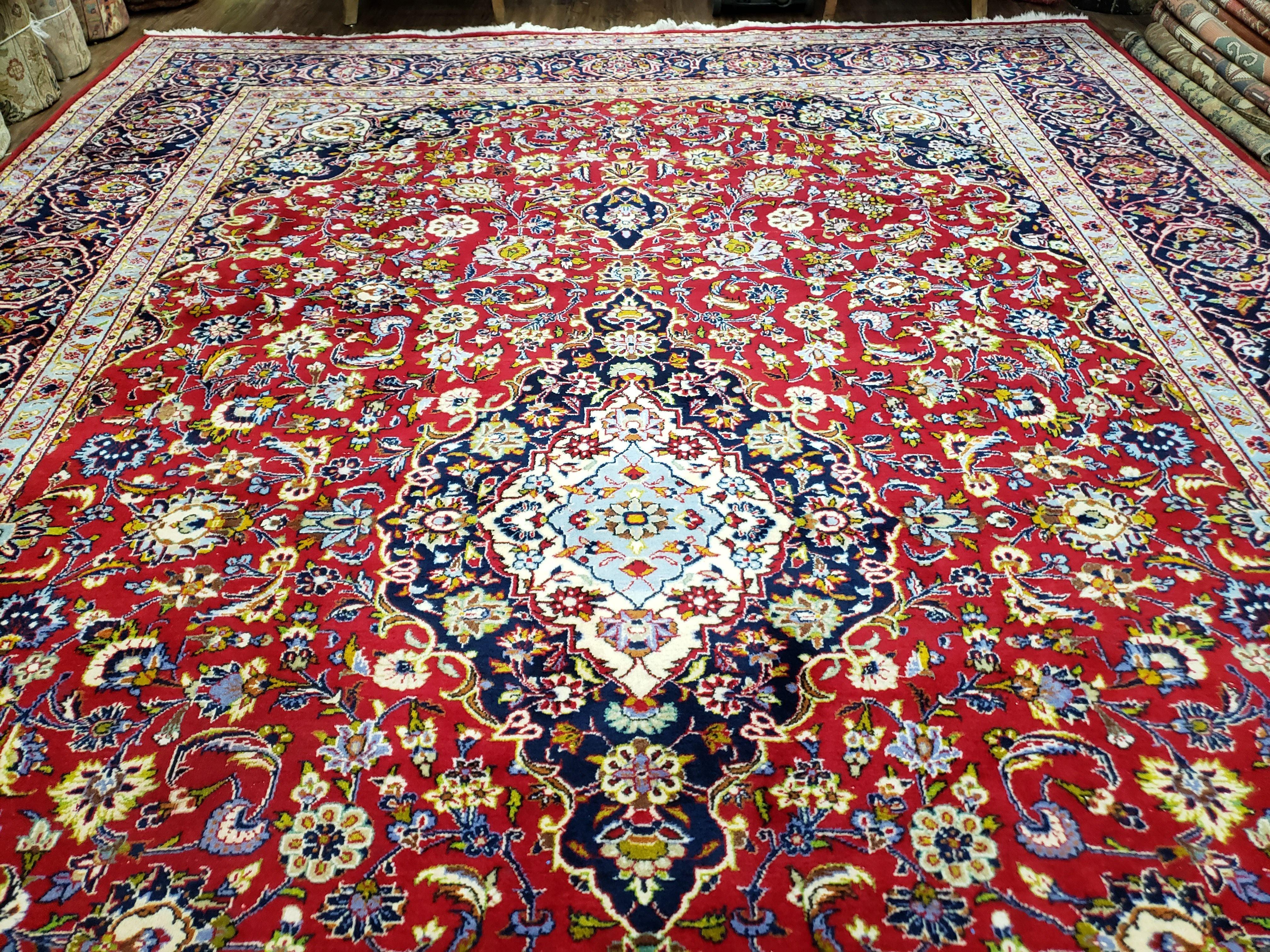 Persian Kashan Rug 10x14 Oriental Carpet 10 x 14, Floral Medallion, Authentic Hand Knotted Rug, Red Blue, High Quality, Vintage Antique Rug, - Jewel Rugs