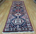 Persian Tribal Runner Rug 3.5 x 10.7, Persian Karajeh Heriz Rug, Hand Knotted Antique Wool Vegetable Dyed Hallway Runner, Navy Blue Red Off White, Geometric Medallions - Jewel Rugs