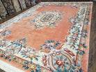 Vintage Chinese Aubusson Area Rug, Light Salmon Beige & Blue, Flowers, Plush Pile, Hand-Knotted, Chinese Art Deco Carpet, 8'3" x 11' 4" - Jewel Rugs