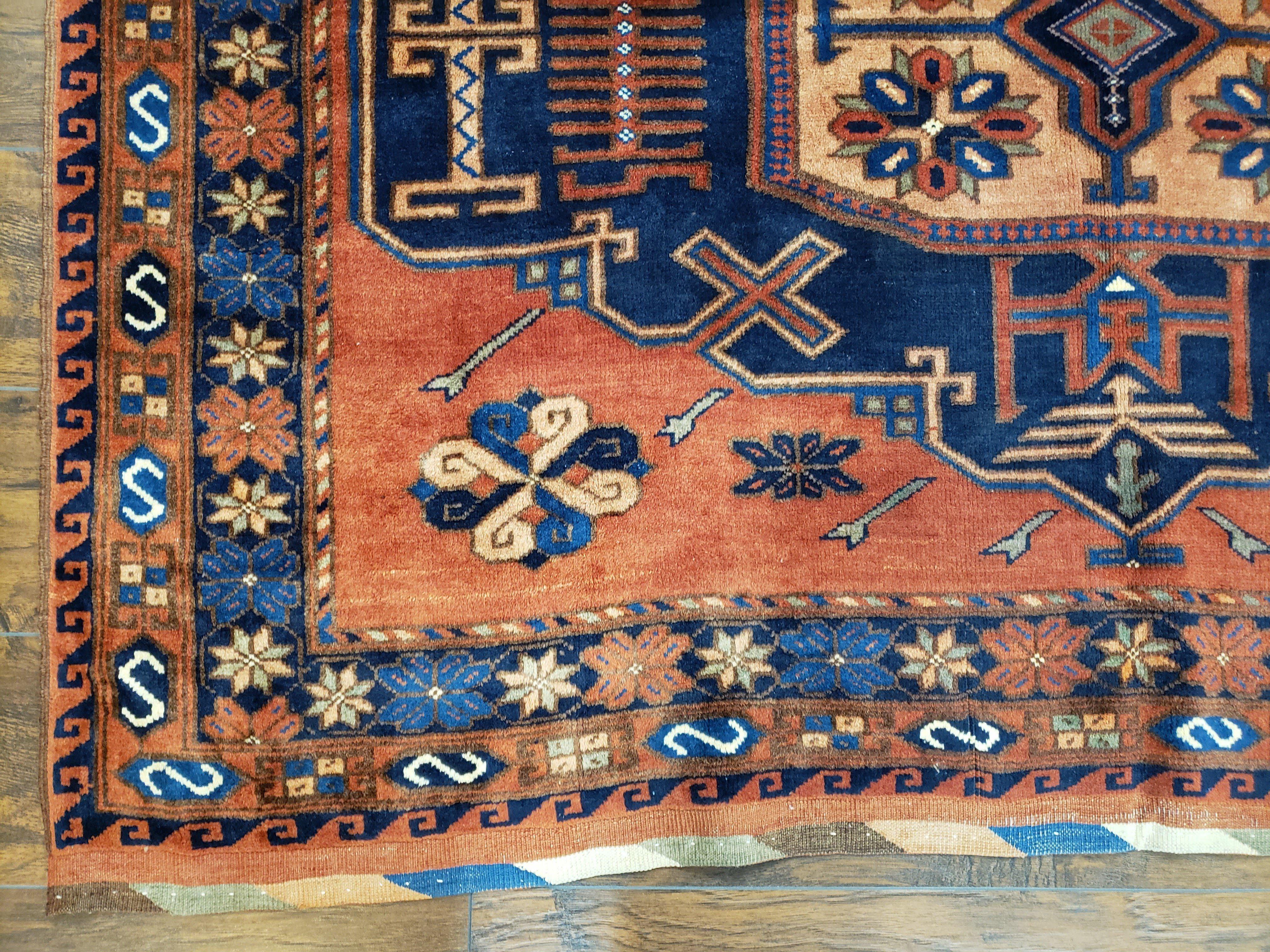 Vintage Afghan Bashir Area Rug 5x7 - 6x8, Wool Hand-Knotted Handmade Red & Navy Blue Tribal Antique Boho Carpet, Foyer Room Rug, Medallions - Jewel Rugs