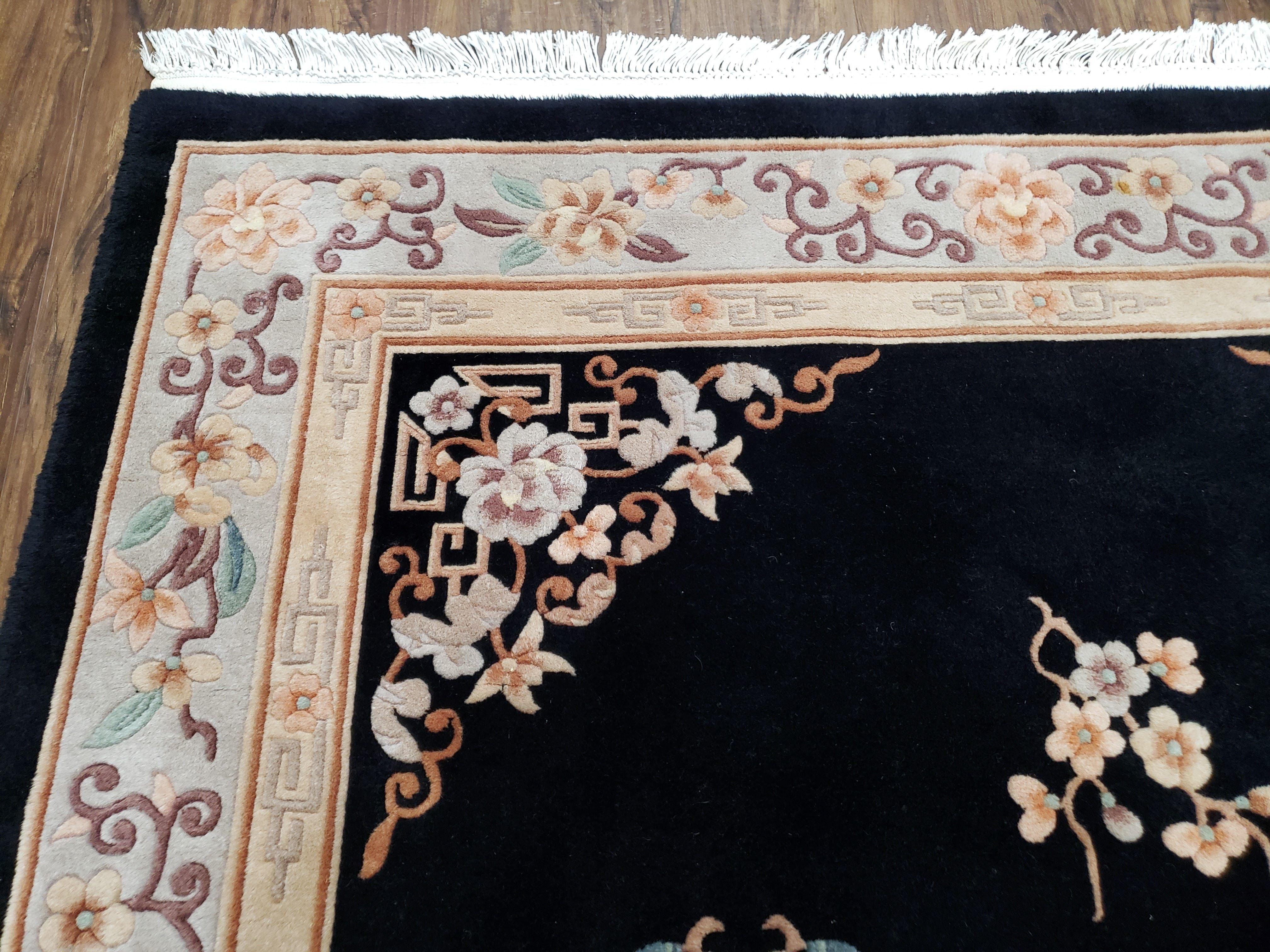 Vintage Chinese Art Deco Area Rug 5' 7" x 8' 3", Black & Gray Hand-Knotted Wool Carpet, Traditional Asian/Oriental Carpet, Flowers Soft Pile - Jewel Rugs