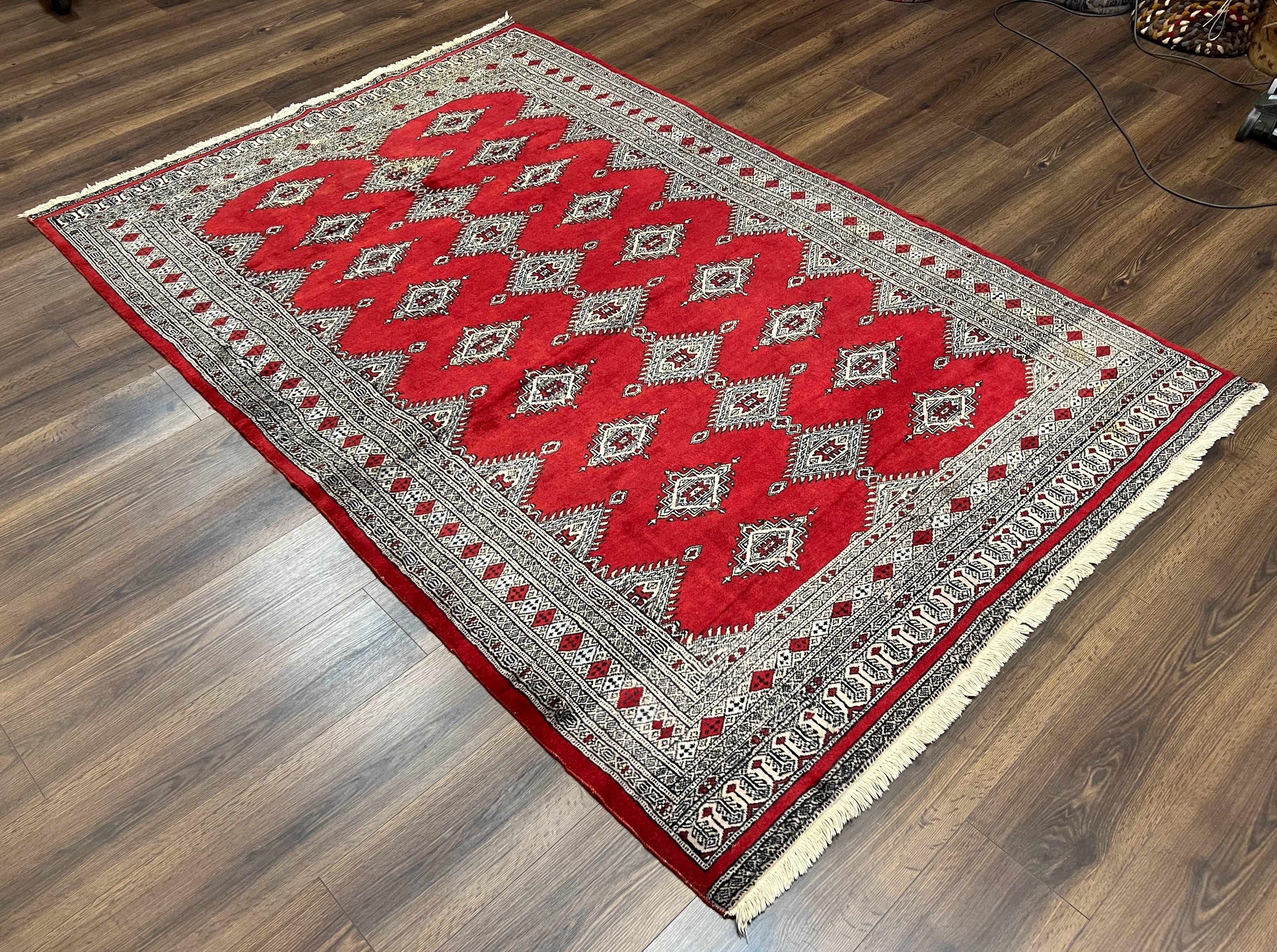 Pakistani Turkoman Rug 5x8, Turkmen Bokhara Carpet 5 x 8 ft, Red and Black, Vintage Hand Knotted Wool Area Rug, Medium Size, Bukhara Rug - Jewel Rugs