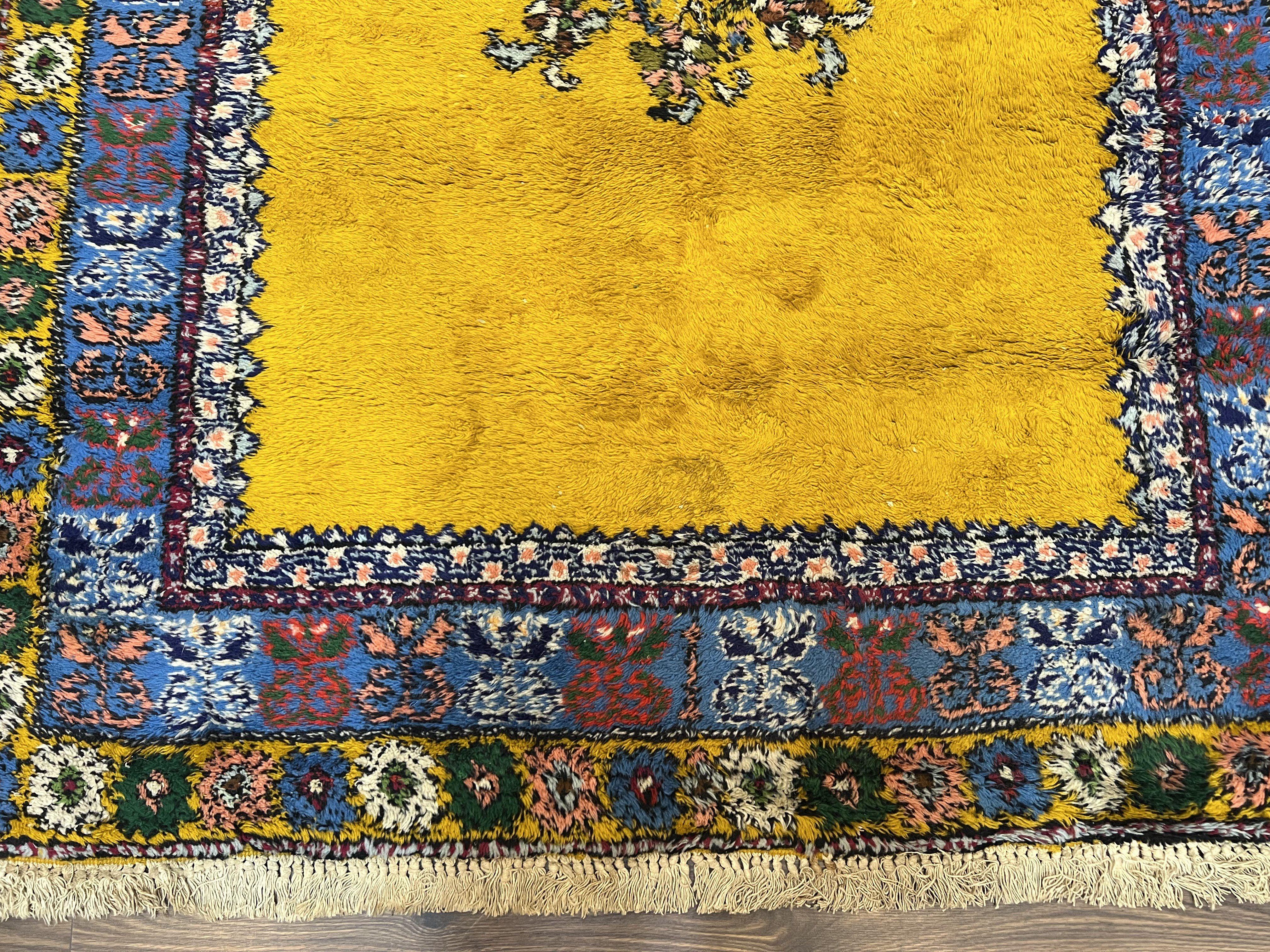 Bright Moroccan Rug 5x6, Rabat Rug 5 x 6, Mustard Yellow and Blue, Open Field and Medallion, Soft Wool Oriental Carpet, Handmade Vintage Rug - Jewel Rugs