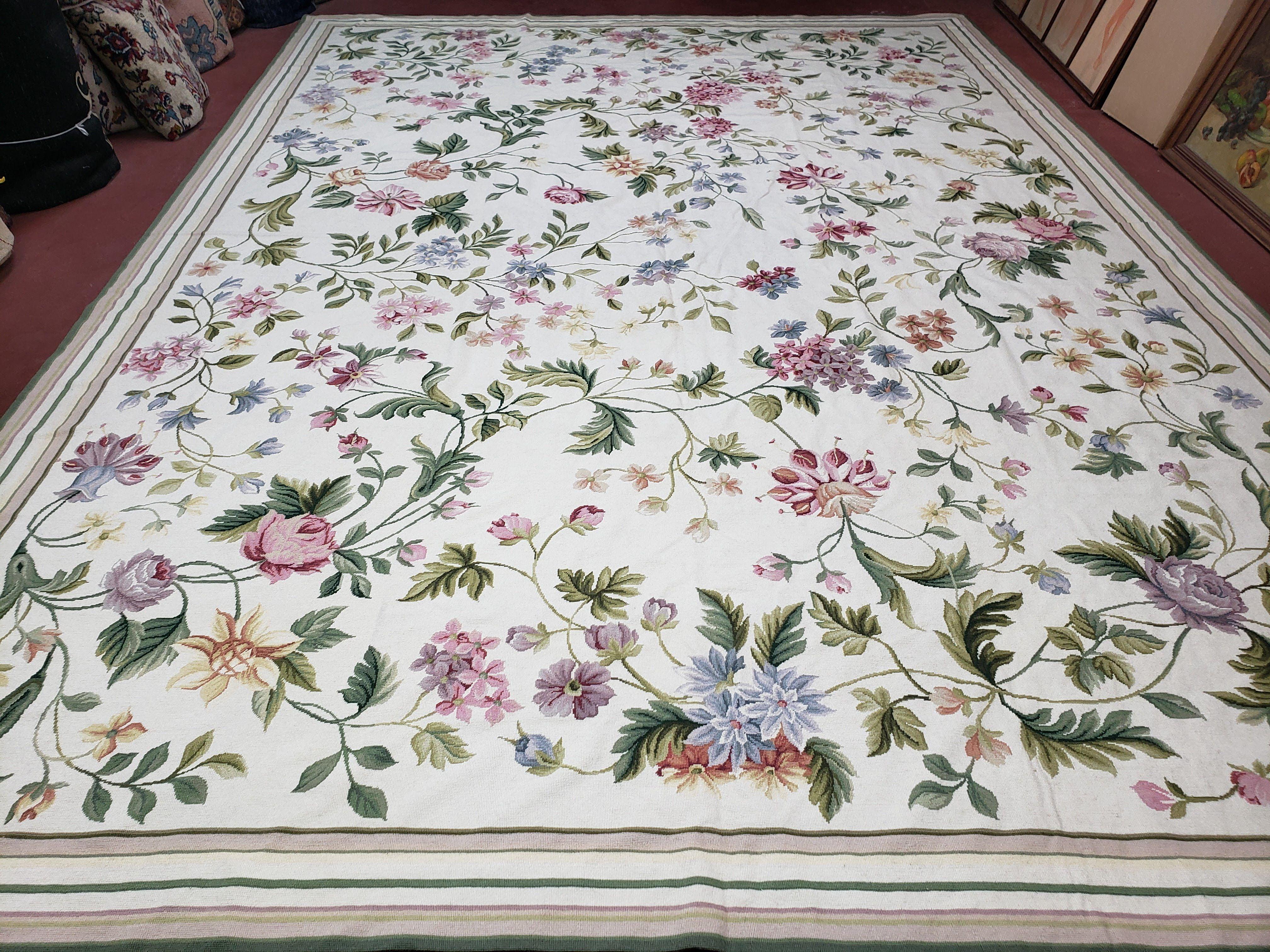 New Needlepoint Rug 10 x 13.5, Allover Floral, Flatweave, 10x13 - 10x14 Rugs, Hand-Woven Rug, European Large Area Rug, Ivory Background - Jewel Rugs